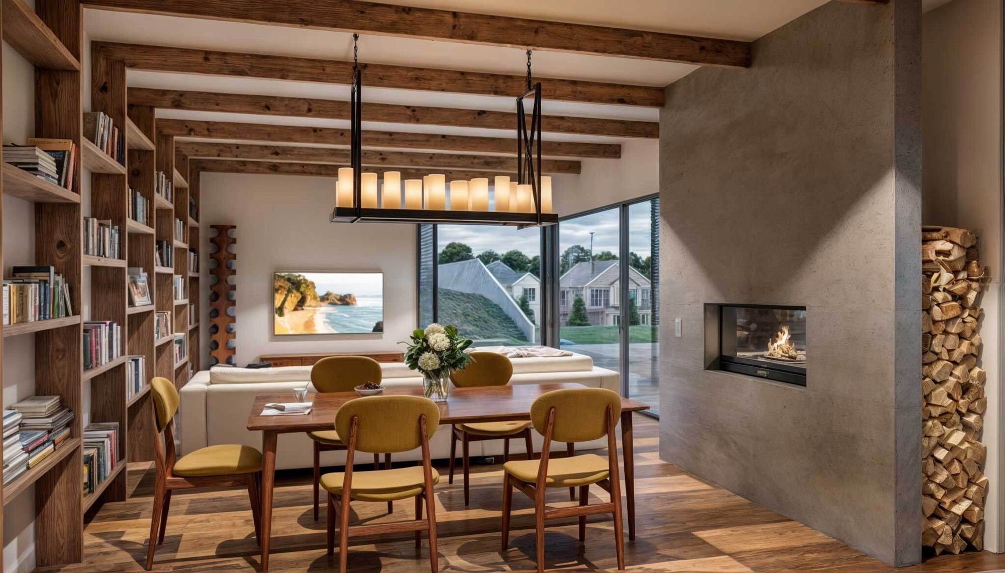 Dining and living area in the Zaborske earth-sheltered house, glass doors open to a grassy roof mound outside.