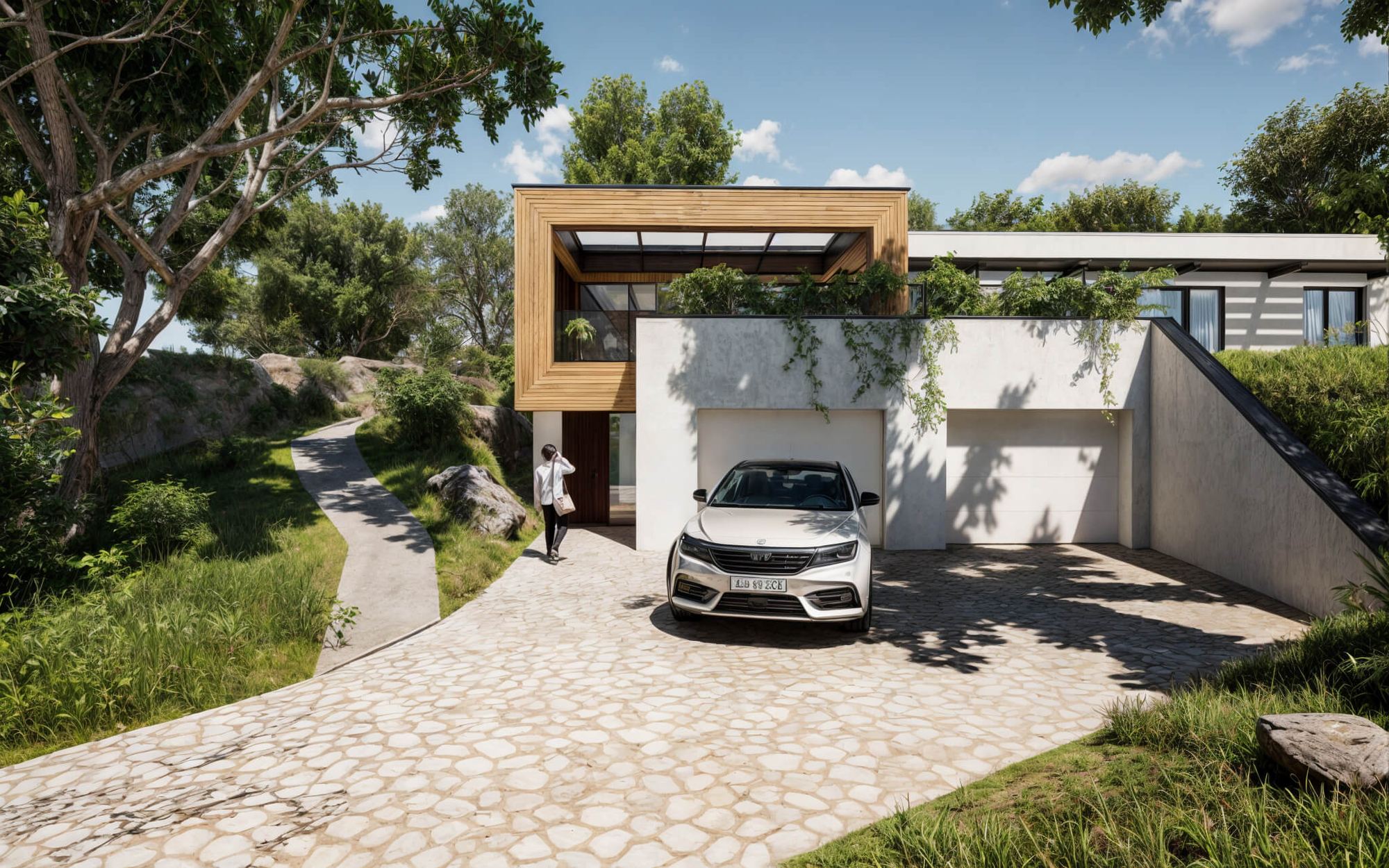 Casa interrata a Trnava con tetto verde sopra il muro chiaro, piano superiore in legno, auto davanti ai garage.