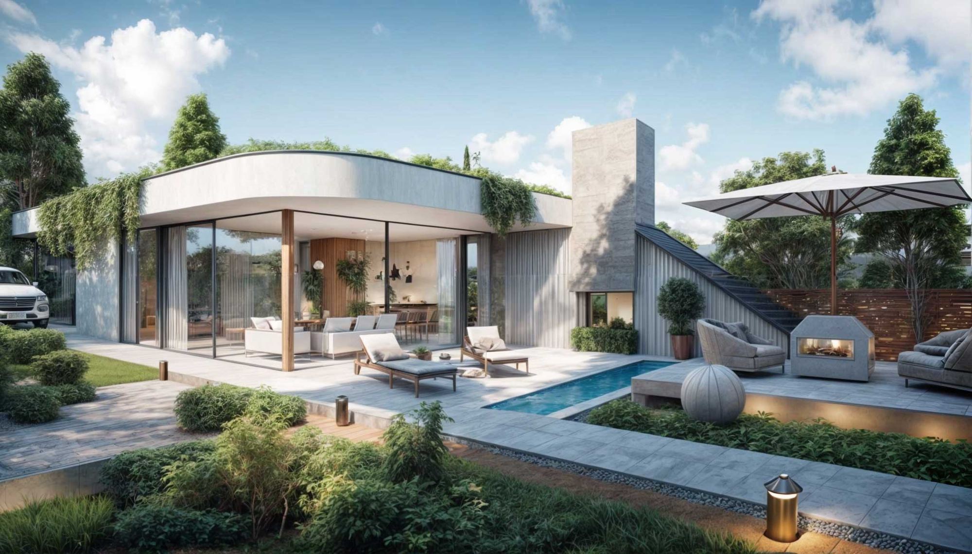 Rendering della casa interrata Top Home con bordo del tetto inverdito, terrazza, piscina e lettini