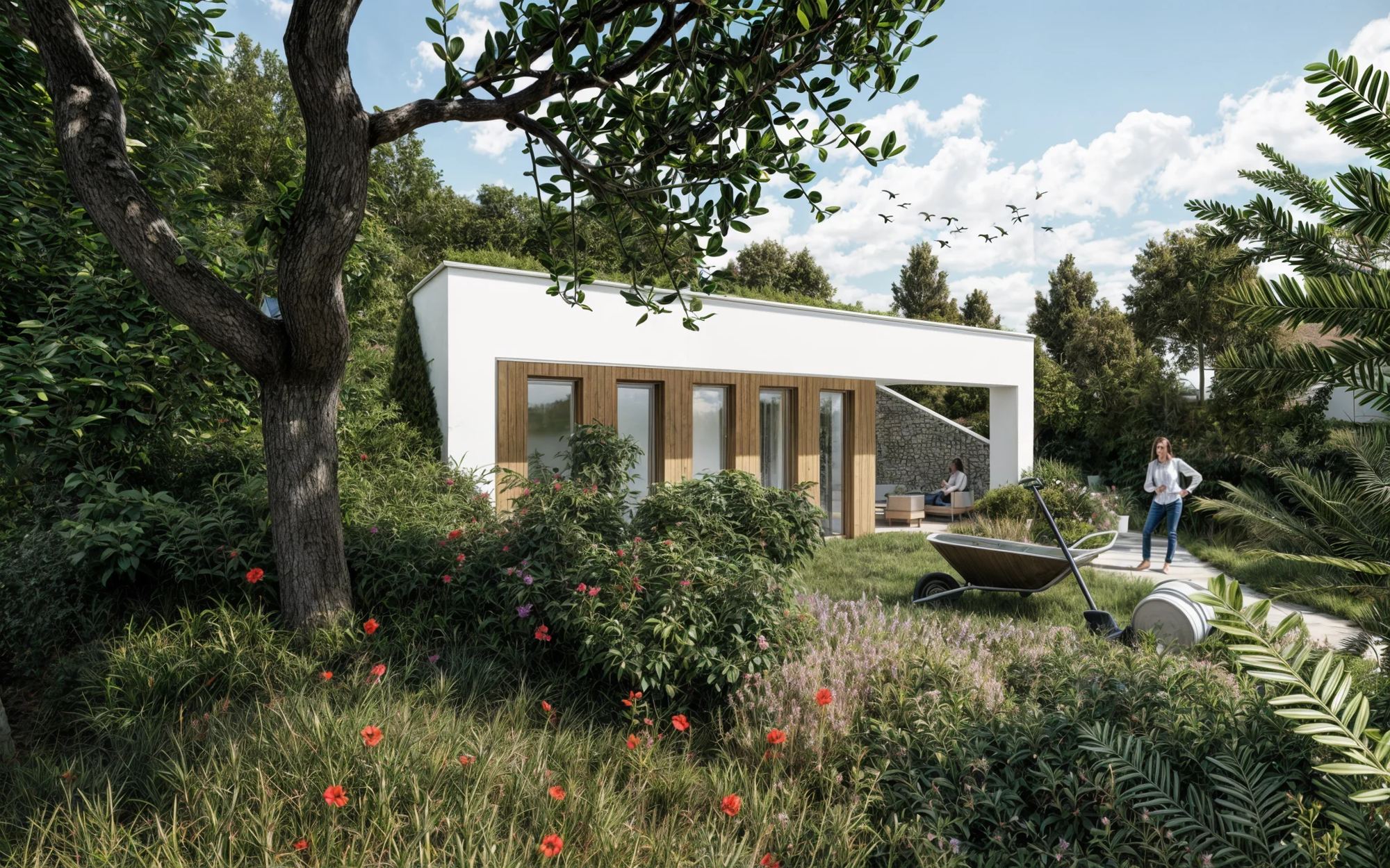 Rendering des Erdhauses Terasa Košice mit begrüntem Dachrand, Terrasse, Garten und Frauen bei der Gartenarbeit.