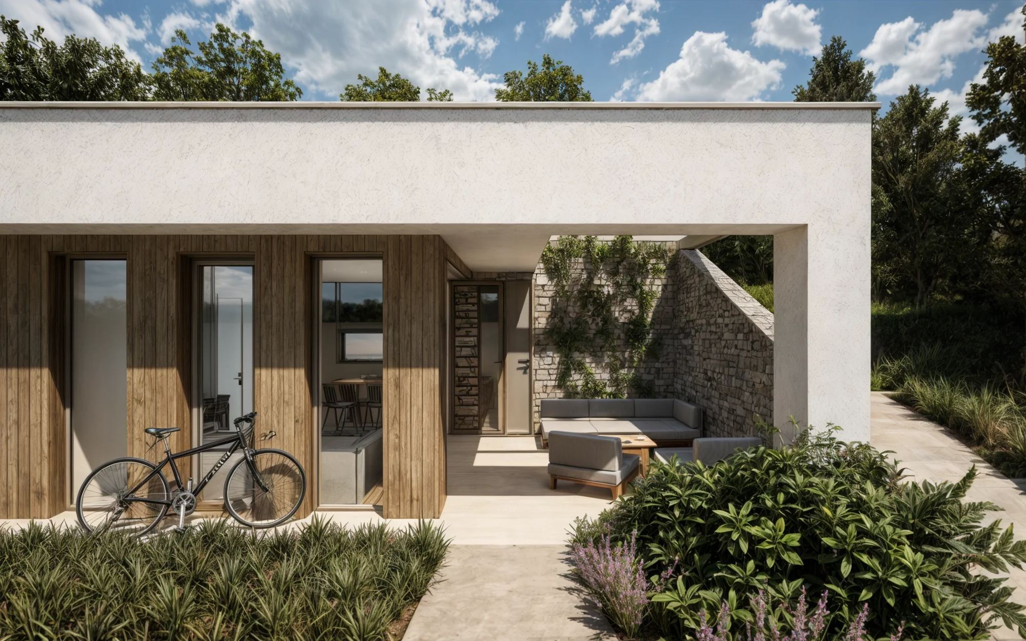 Erdhaus Terrace Košice mit holzverkleideter Fassade, Glastüren, überdachter Terrasse mit grauen Sofas und Fahrrad am Eingang.