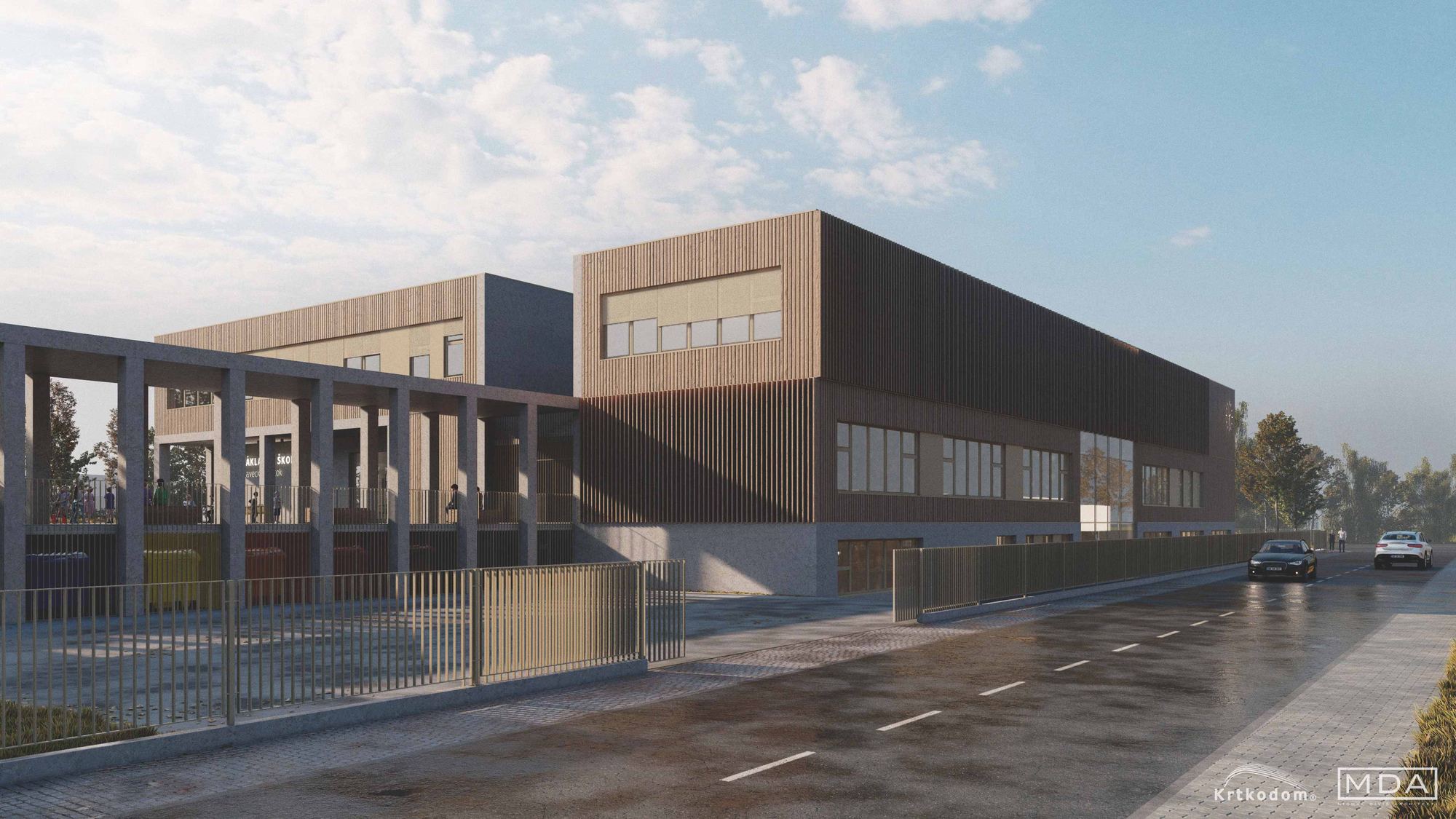 Visualisierung der Grundschule Plavecký Štvrtok mit Holzlattenfassade, Zaun, Autos und Fußgänger
