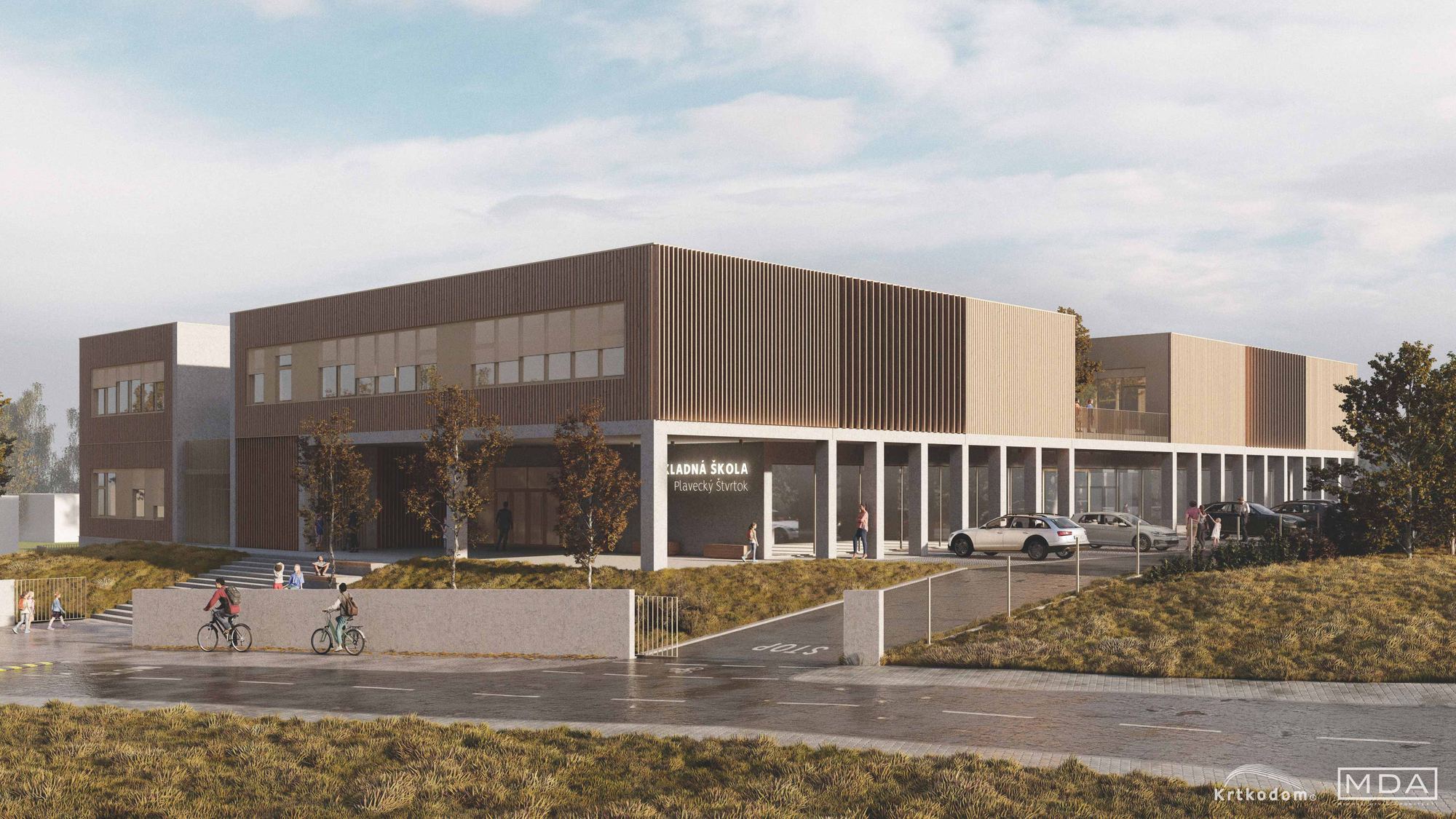 Visualisierung der Schule Plavecký Štvrtok mit Holzlamellenfassade und Betonstützen über dem überdachten Weg