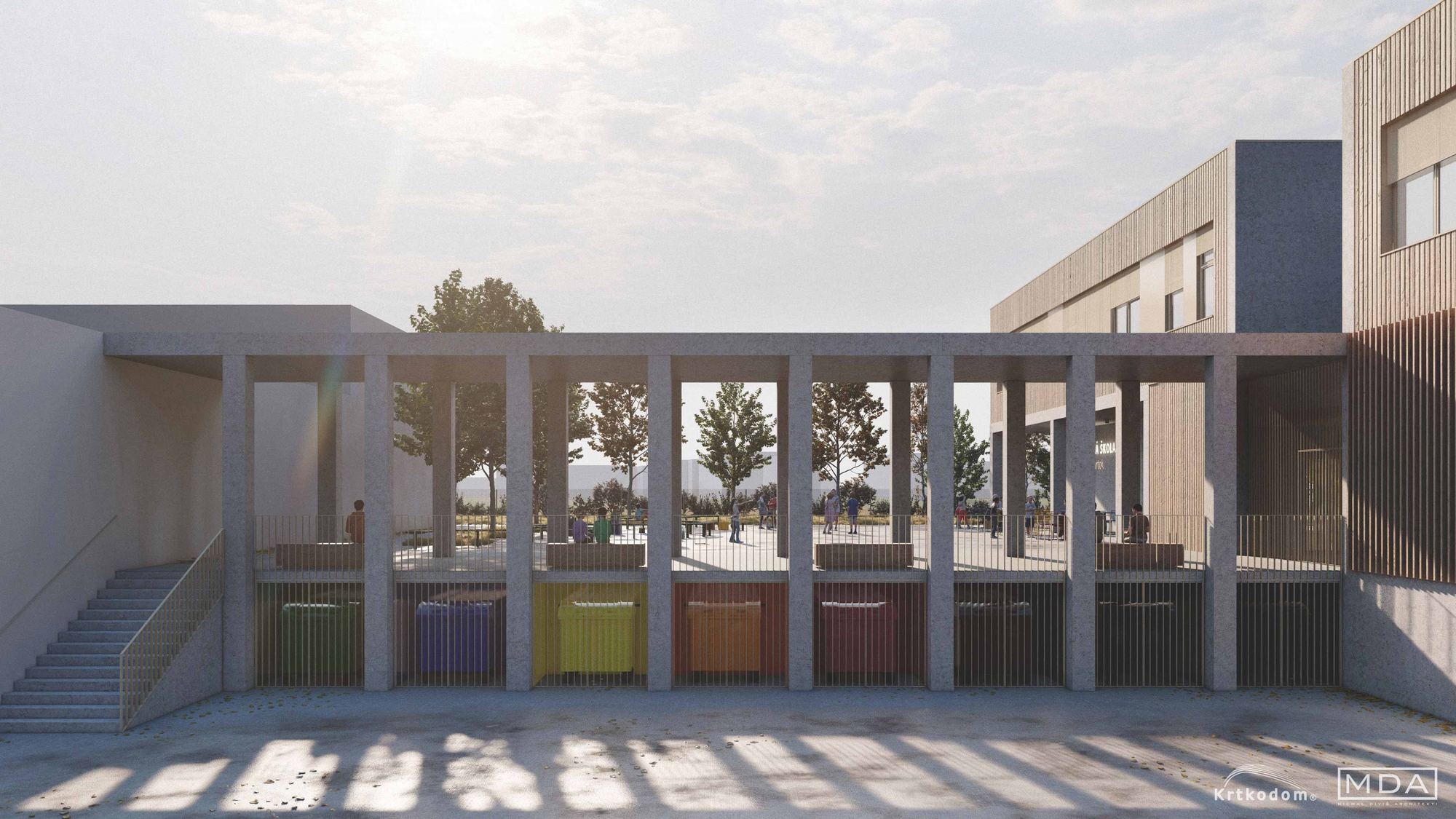 Rendering des Kolonnadenbereichs der Schule Plavecky Stvrtok mit bunten Behältern und Treppe zum Hof