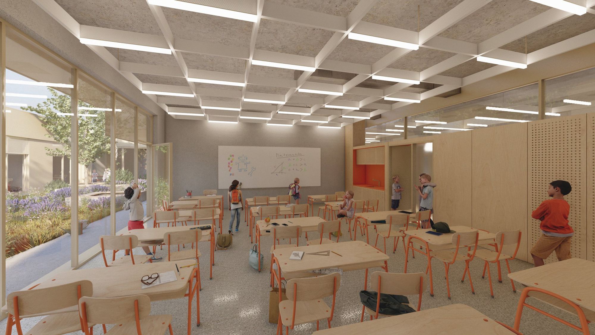 Visualisierung eines Klassenzimmers der Schule Plavecký Štvrtok mit Holztischen und Glastüren zum Innenhof
