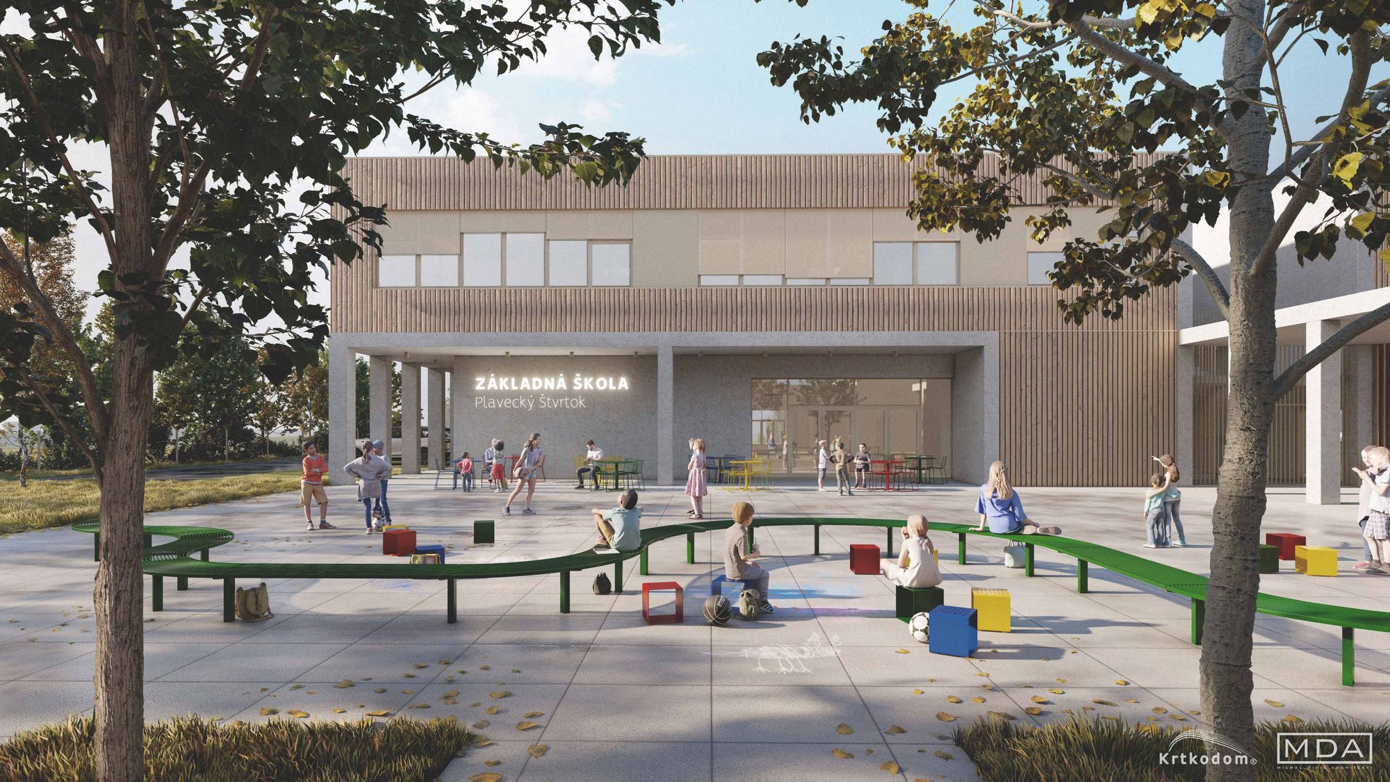 Rendering der Grundschule Plavecký Štvrtok mit Holzfassade, beleuchtetem Schriftzug am Eingang und Kindern auf dem Platz