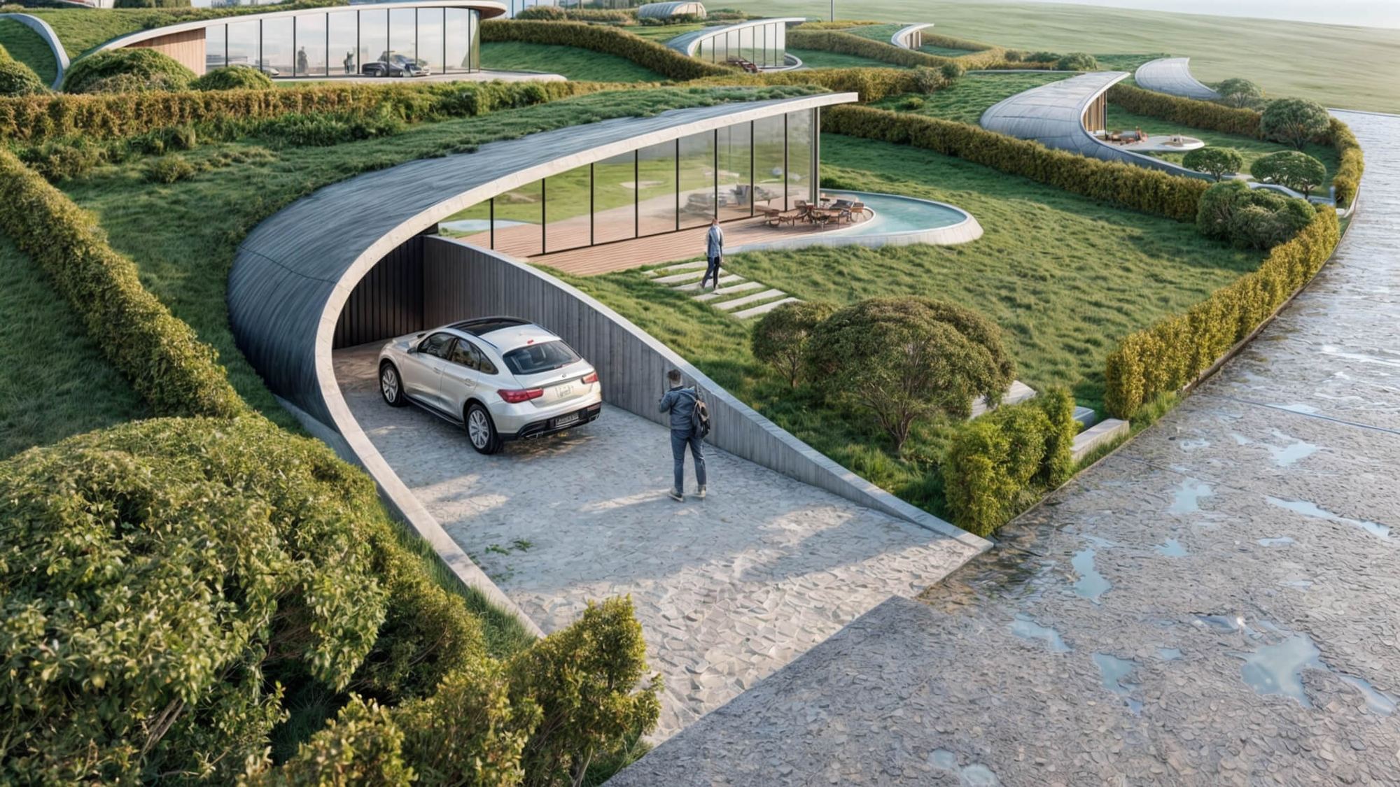 Rendering aereo delle case interrate Planička con tetti verdi, terrazze con piscina e accessi carrai incassati nel terreno.