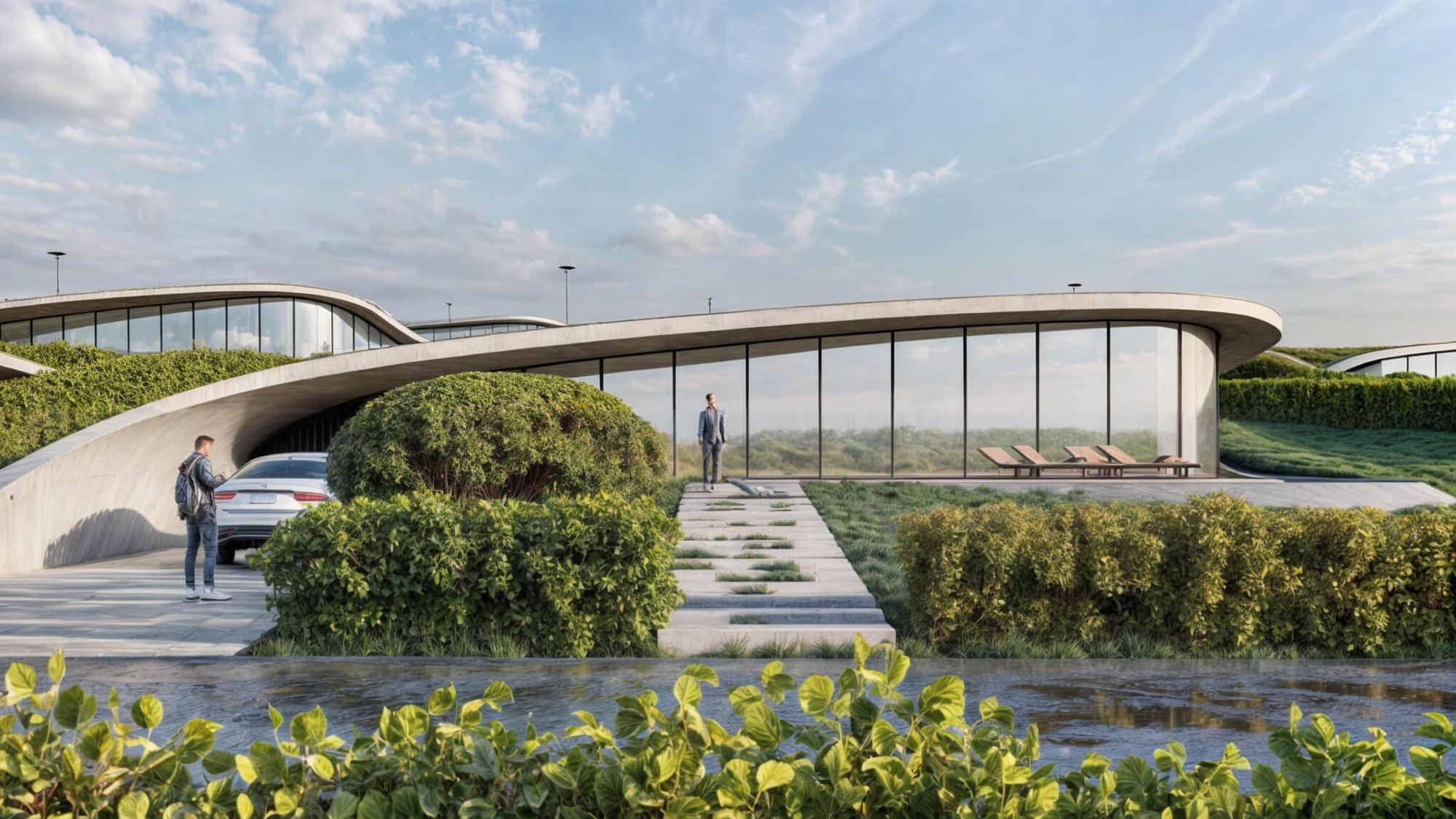 Casa interrata Planicka con tetto verde curvo che sfuma nel prato, parete vetrata e vasca d'acqua davanti alla terrazza