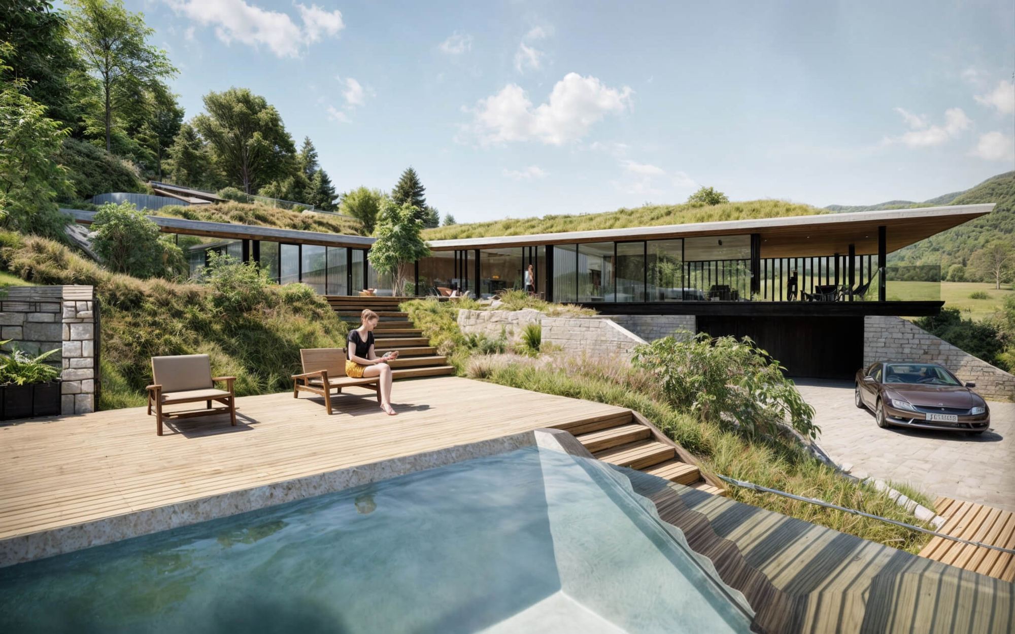 Casa interrata Nad Jazerom con tetto erboso e facciata vetrata, terrazza con piscina e scalini verso una tettoia in pietra.