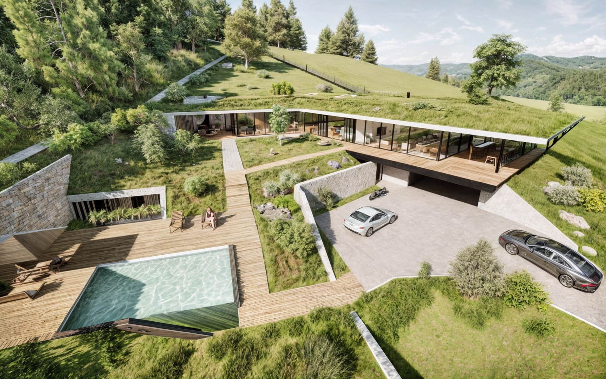 Vista aerea della casa interrata Nad Jazerom, tetto verde che si fonde col pendio sopra terrazza con piscina e auto.