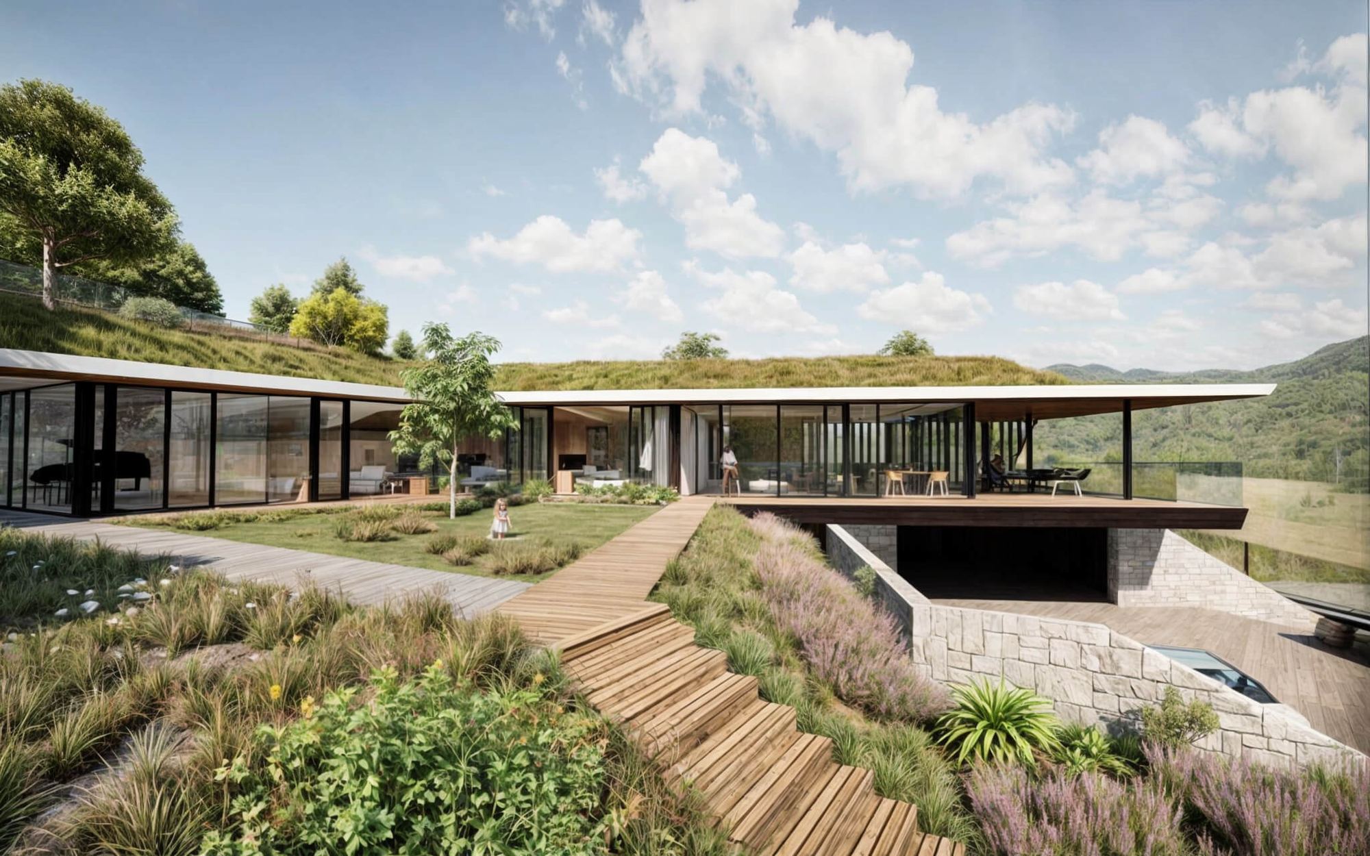 Casa interrata Nad Jazerom, passerella in legno sul tetto fiorito conduce alla facciata vetrata, bambino sul prato