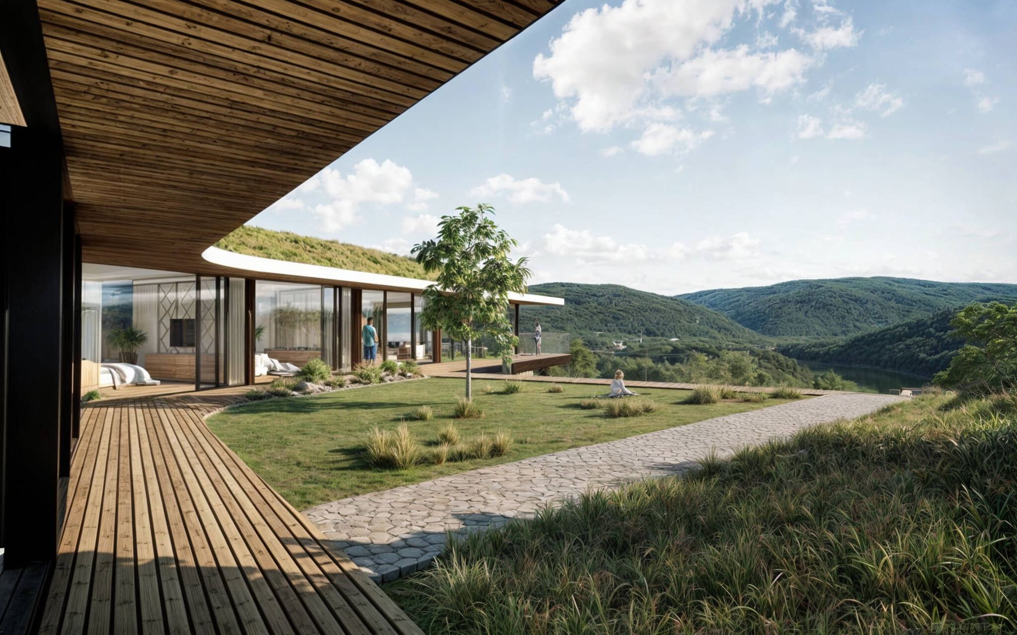 Casa interrata Nad Jazerom, camera vetrata sulla terrazza, tetto erboso che sale verso la collina sopra il fiume