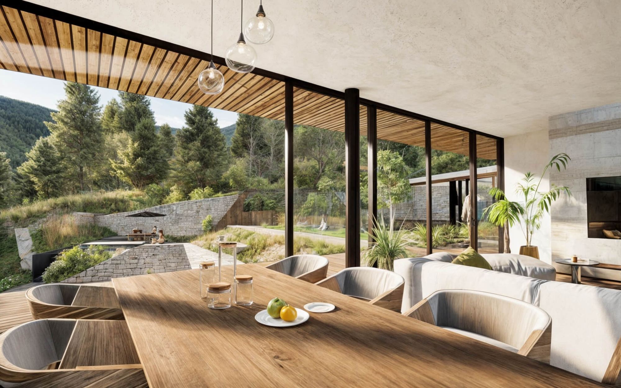Soggiorno della casa interrata Nad Jazerom, parete vetrata affacciata su terrazza, piscina e colline boscose.