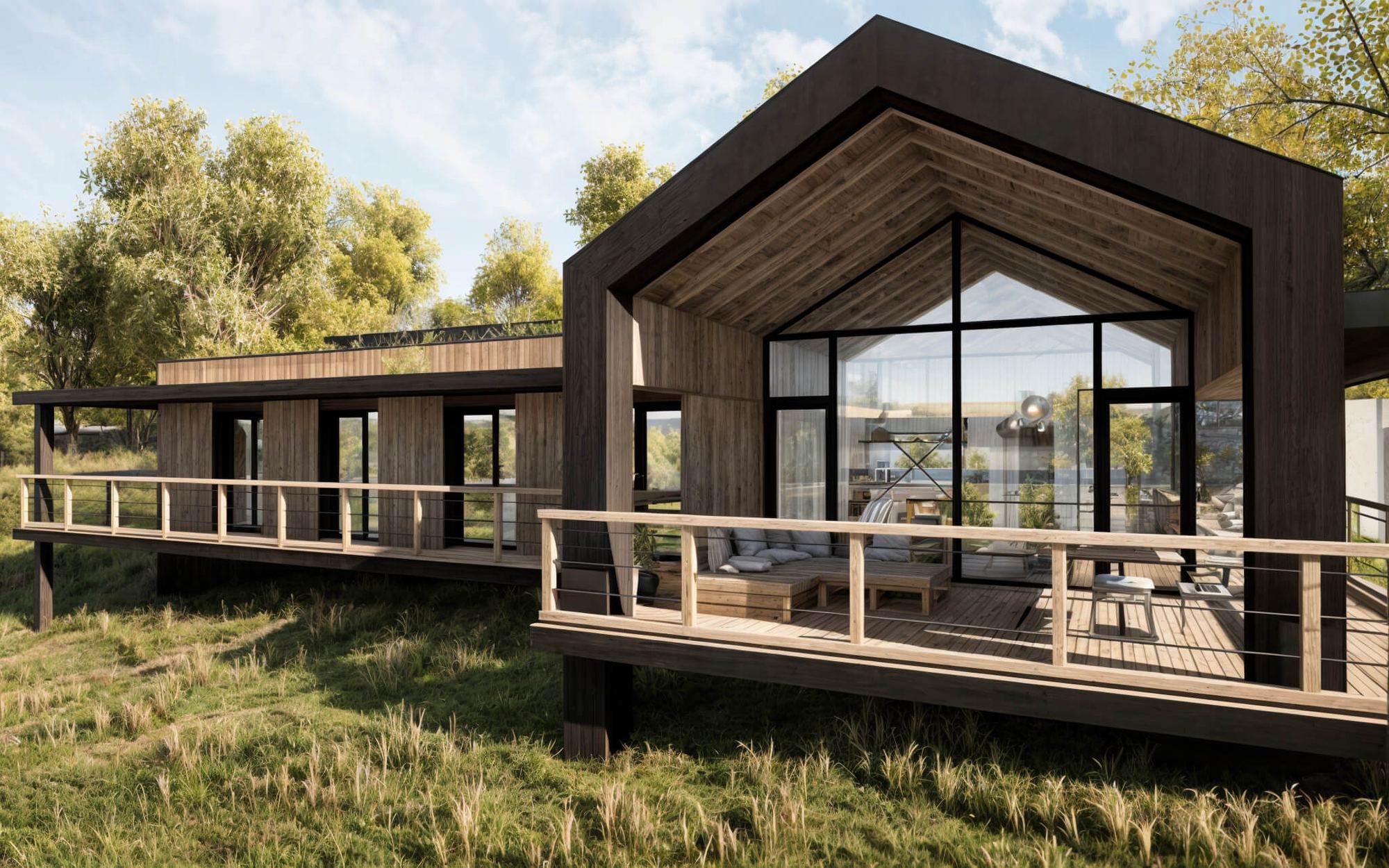 Holzverkleidete Off-grid-Berghütte auf Stelzen über hohem Gras, Giebelfenster zeigt Wohnzimmer, kleines Gründach am Anbau.