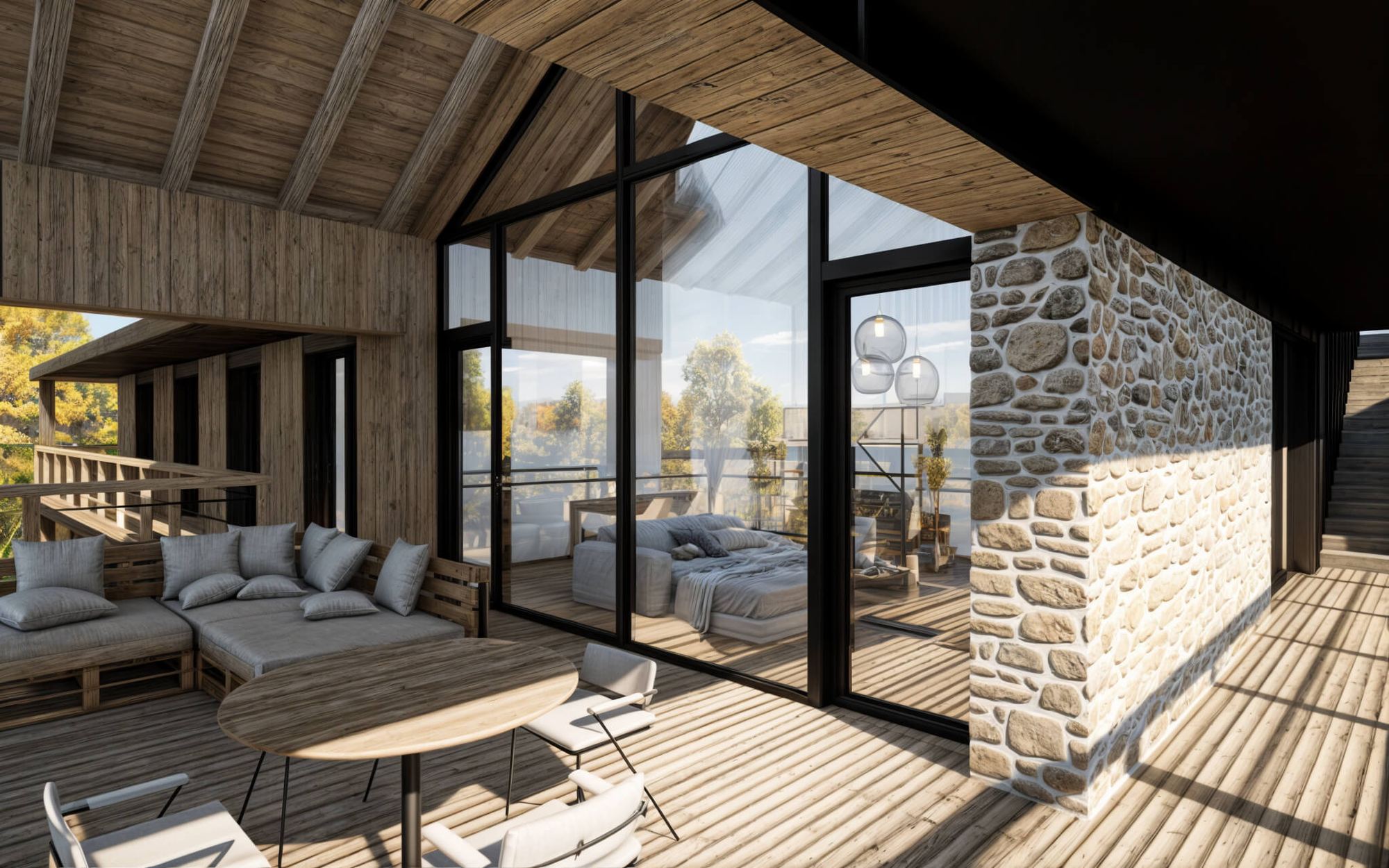 Überdachte Holzterrasse der Berghütte Off-grid mit Sofa, Steinwand und Glick ins Schlafzimmer, Herbstbäume ringsum