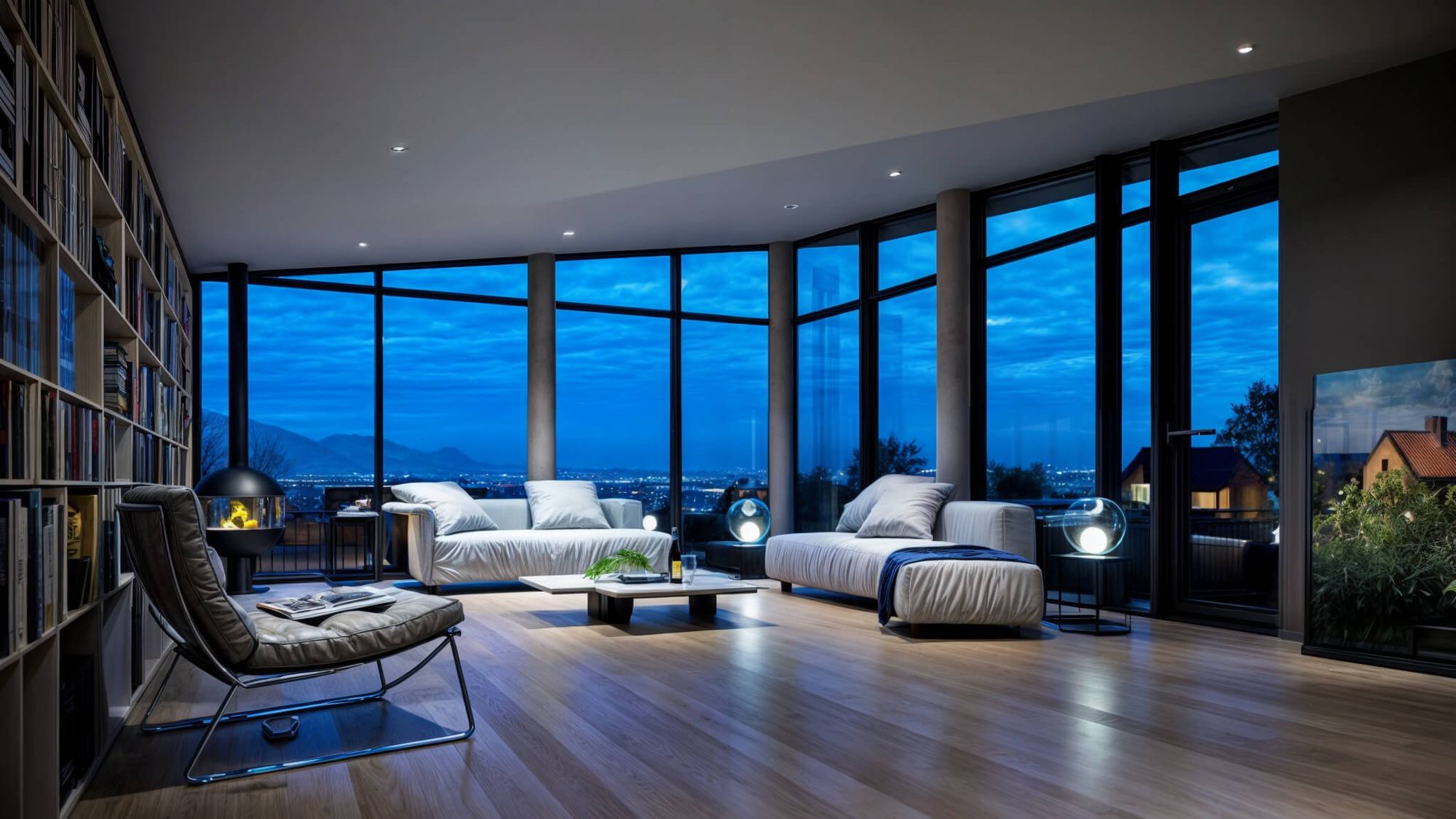 Living room of the Hoblina earth-sheltered house, curved glazed wall over hills and city lights at dusk