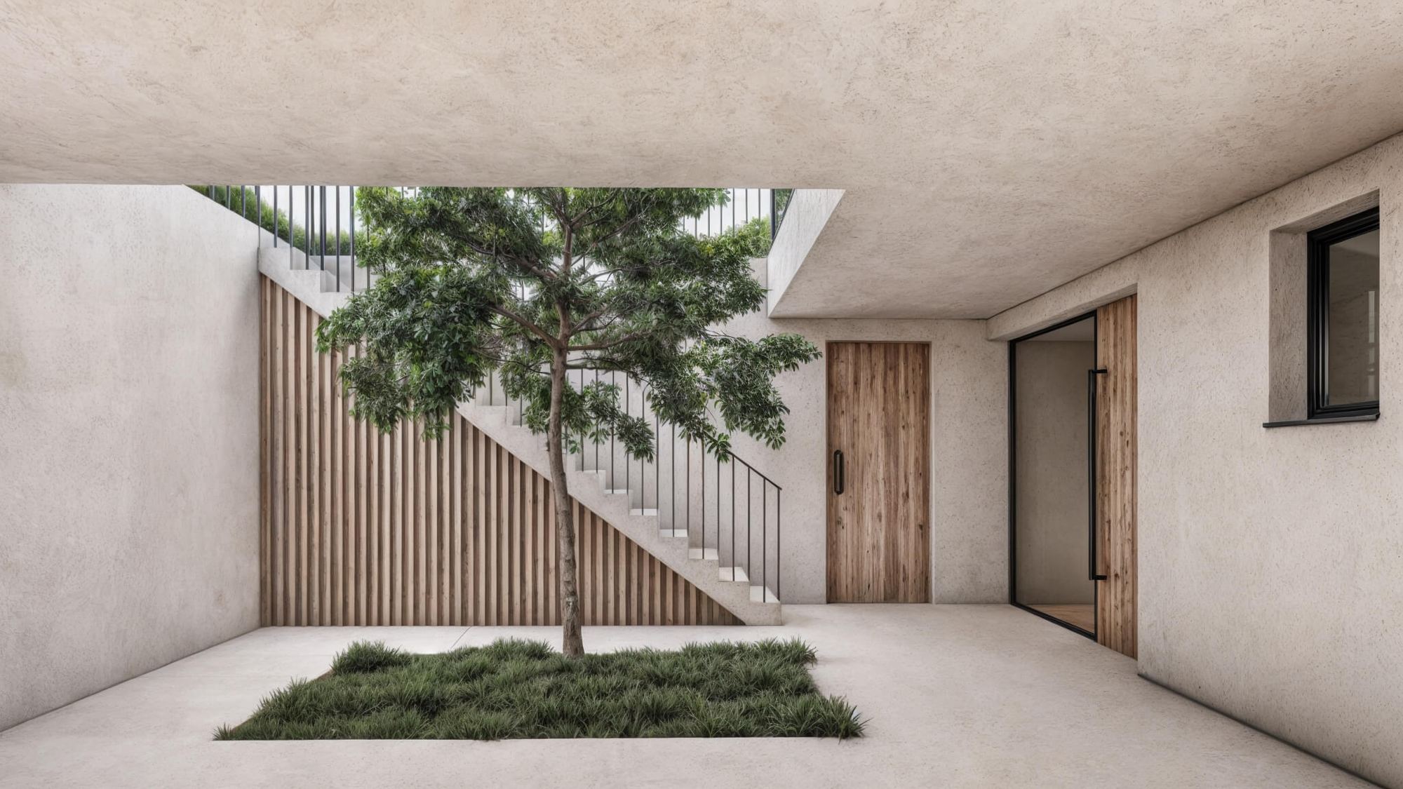 Atrium of the Devin earth-sheltered house with a tree in a grass bed and a slatted stairwell above