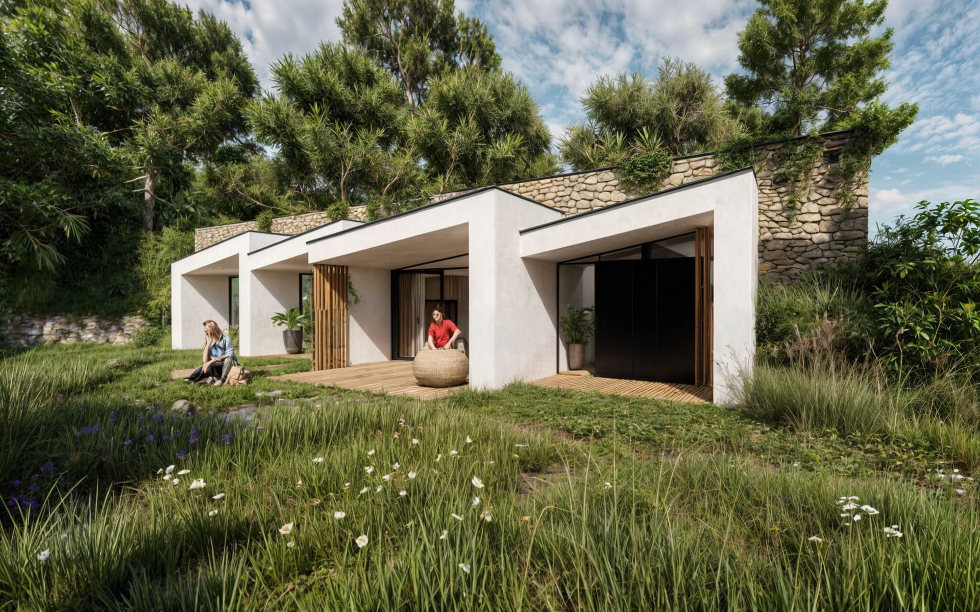 Earth-sheltered house City with white glazed front and folding doors, rear roof covered by a rocky, planted slope.