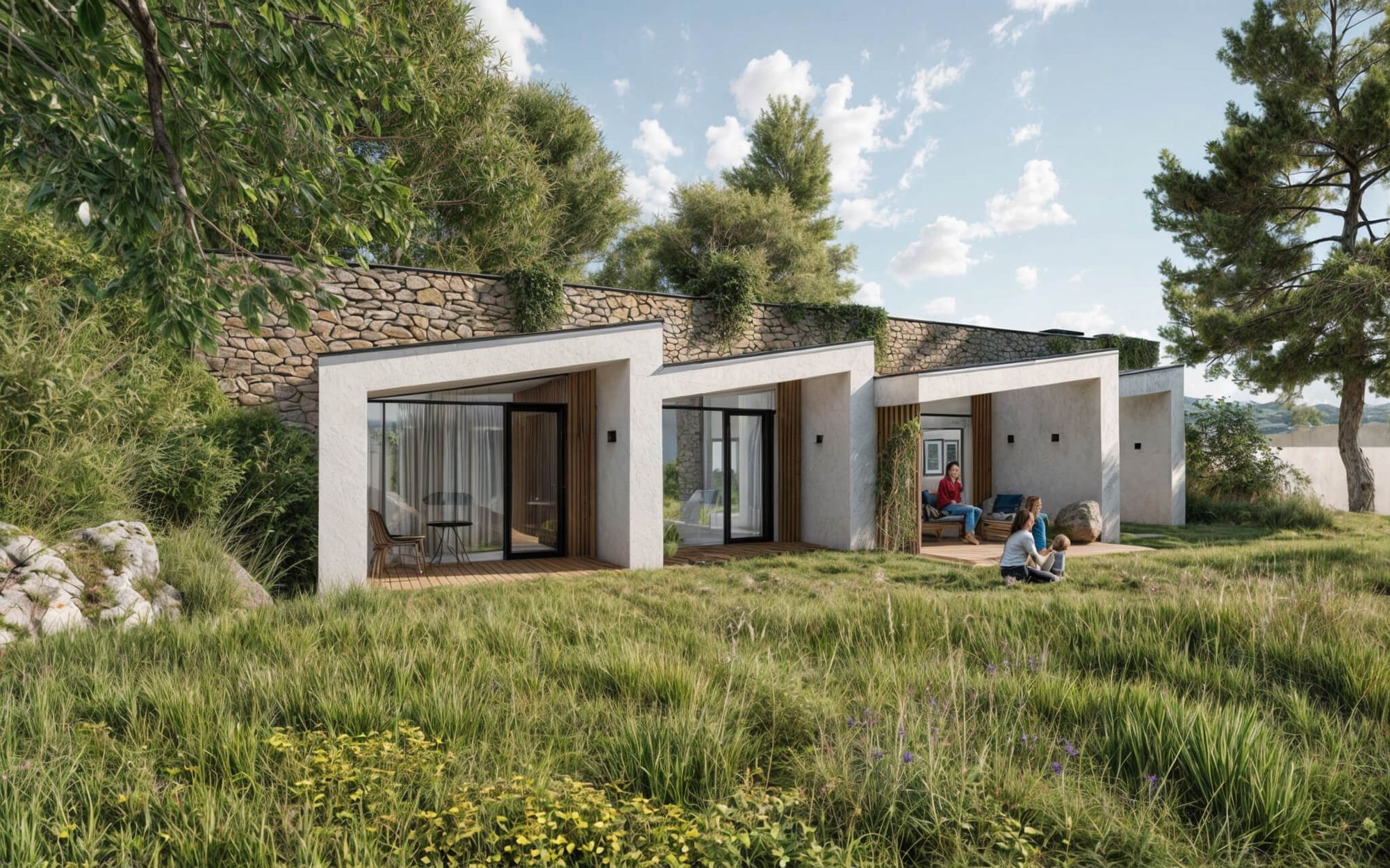 Earth-sheltered house City with white-walled terraces facing a wildflower meadow, vine-covered stone above the roofline.