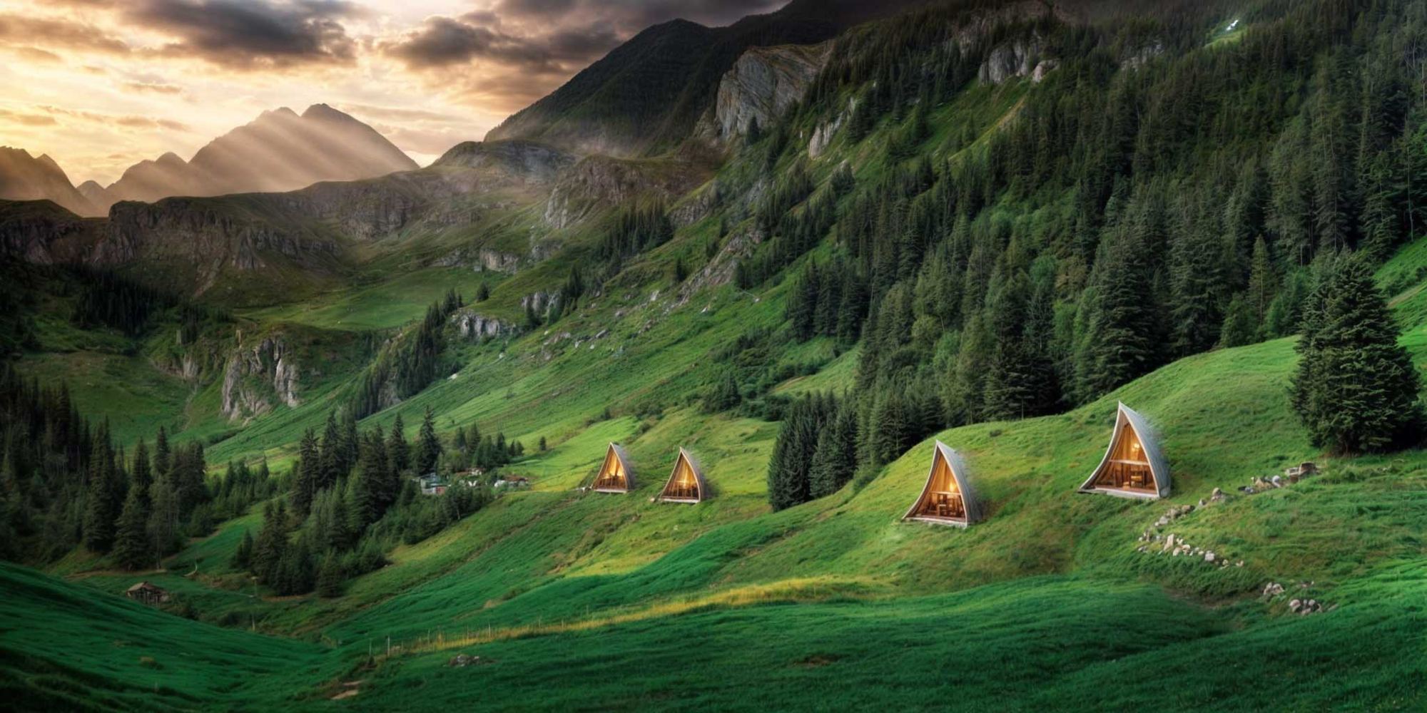 Four triangular Chalet earth-sheltered houses with glazed peaks glow at dusk on a grassy mountain slope