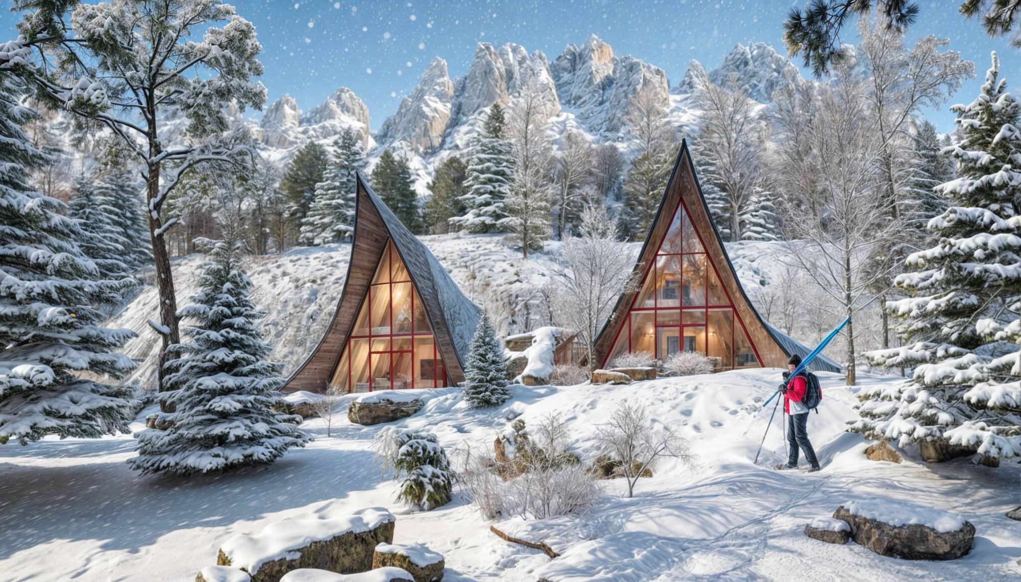 Skier walks in falling snow past two triangular earth-sheltered Chalet cabins glowing beside snowy peaks