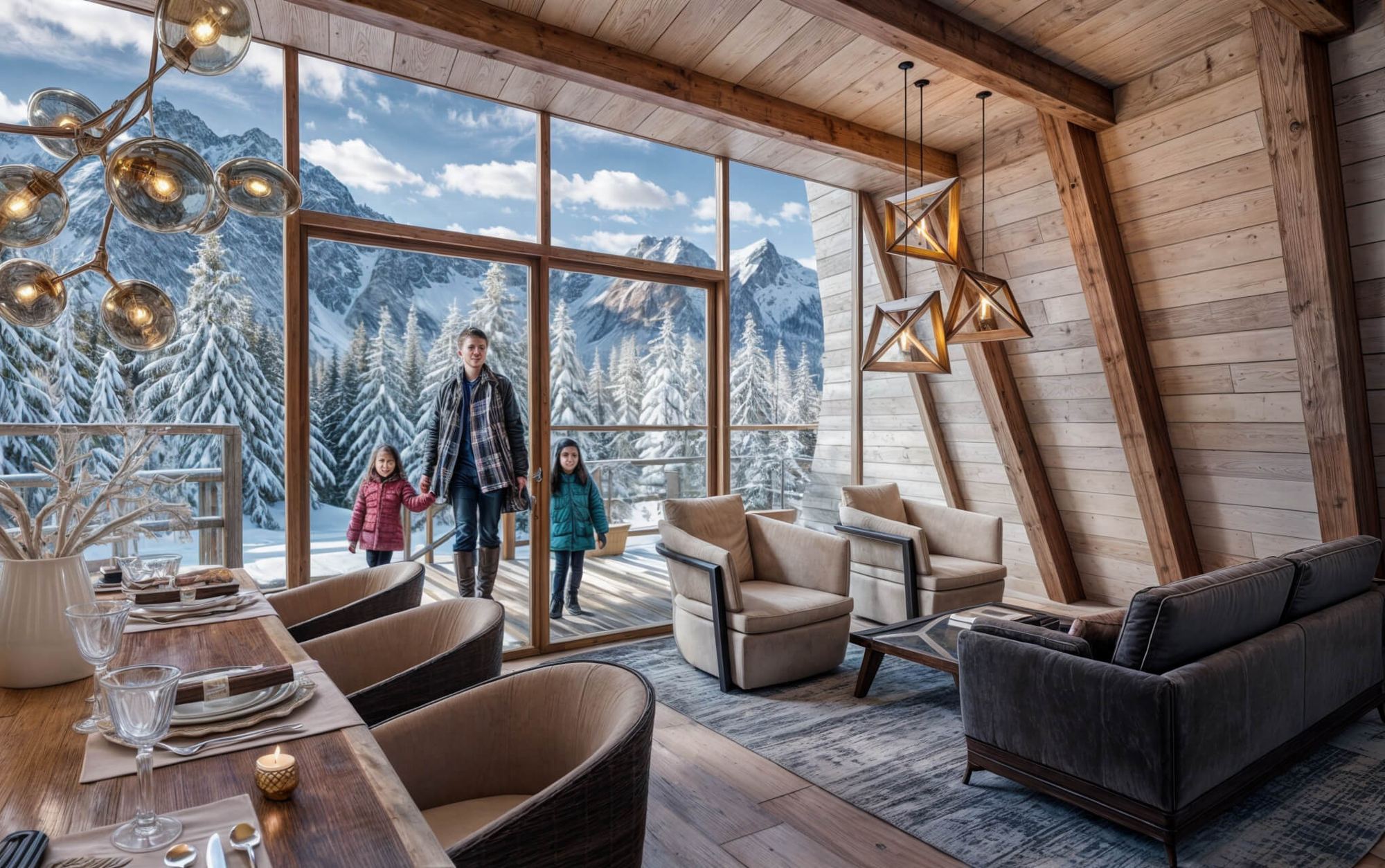Wood-clad A-frame living room of the Chalet earth-sheltered house, glazed wall facing a snowy mountain slope