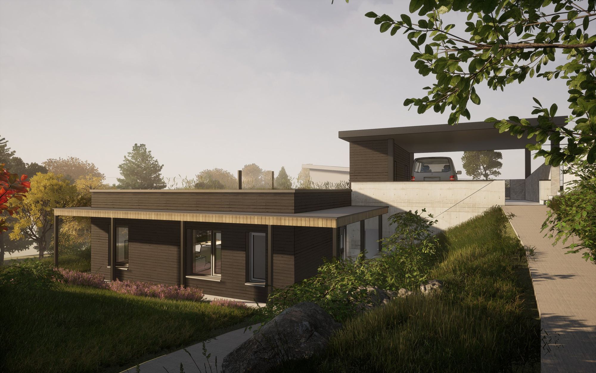 Rendering of a Čadca earth-sheltered house study: dark timber facade, glazed front, concrete wall rising to a carport above.