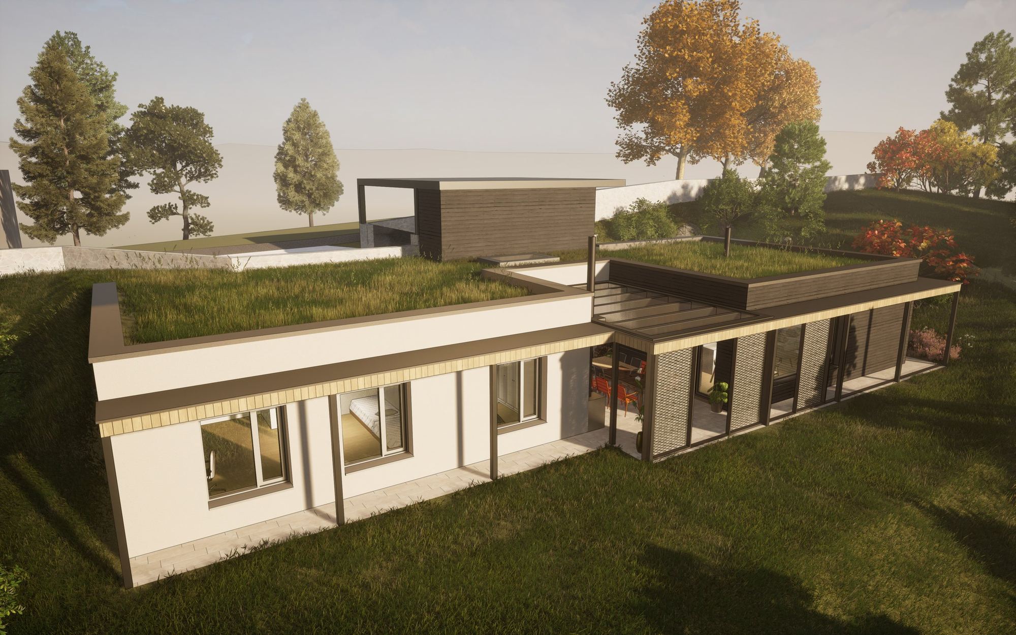 Rendering of an earth-sheltered house in Čadca: grassy roof with meadow planting, glazed facade opens to a paved terrace.