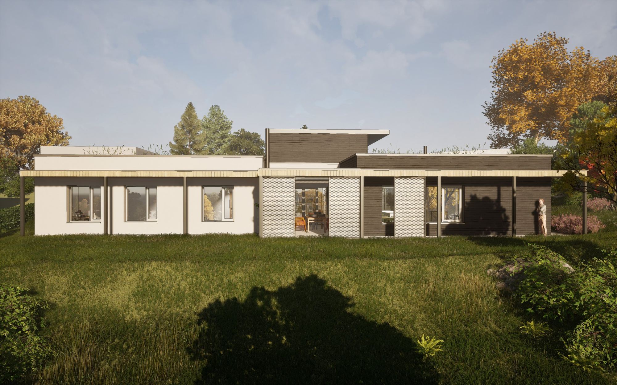 Visualisation of an earth-sheltered house in Čadca, low roofline planted with grass, white and dark timber facade facing a meadow.