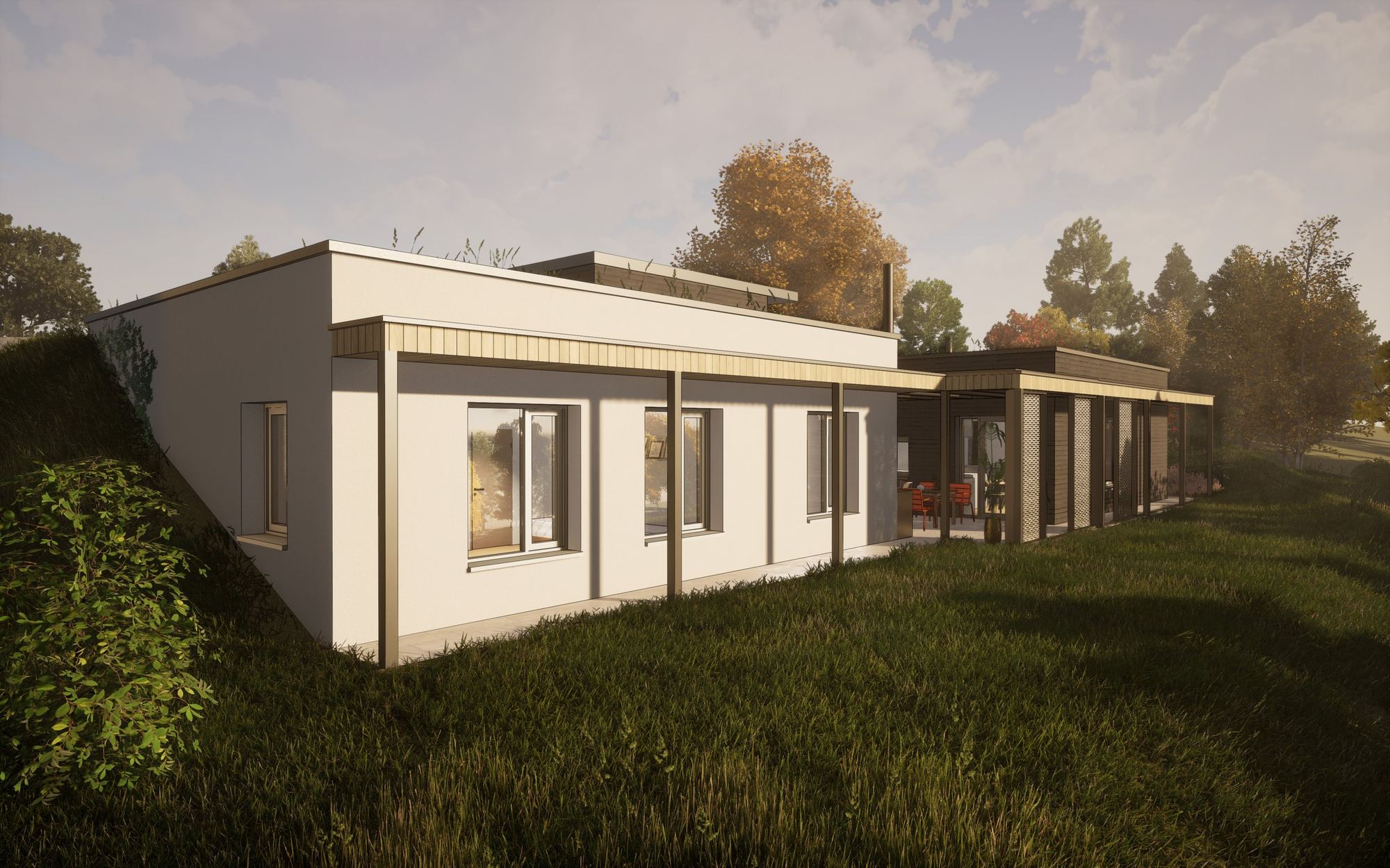 Visualization of an earth-sheltered house in Čadca: grassy bank meets pale facade, glazed doors under a slim wooden overhang.