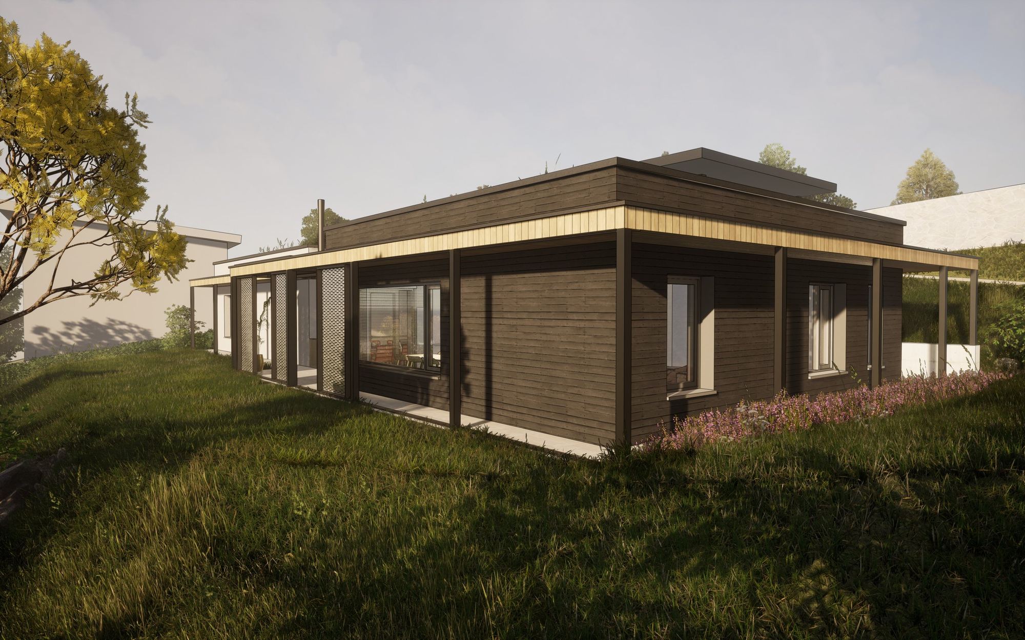 Rendering of an earth-sheltered house in Čadca: dark wood cladding, covered walkway and grassy slope with wildflowers.