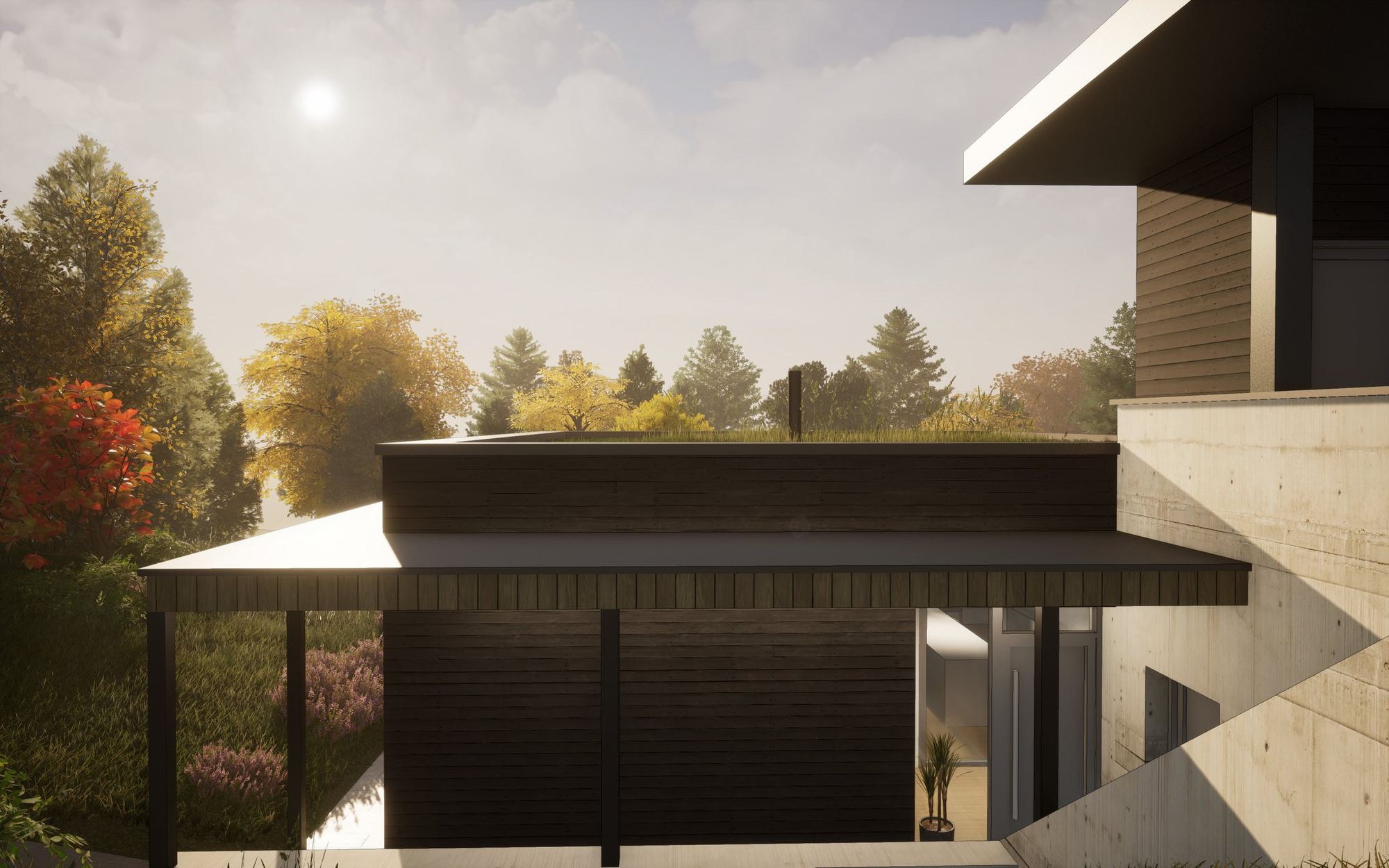Rendering of an earth-sheltered house in Čadca: green planted roof, wood-clad entrance canopy on dark posts, autumn trees around.