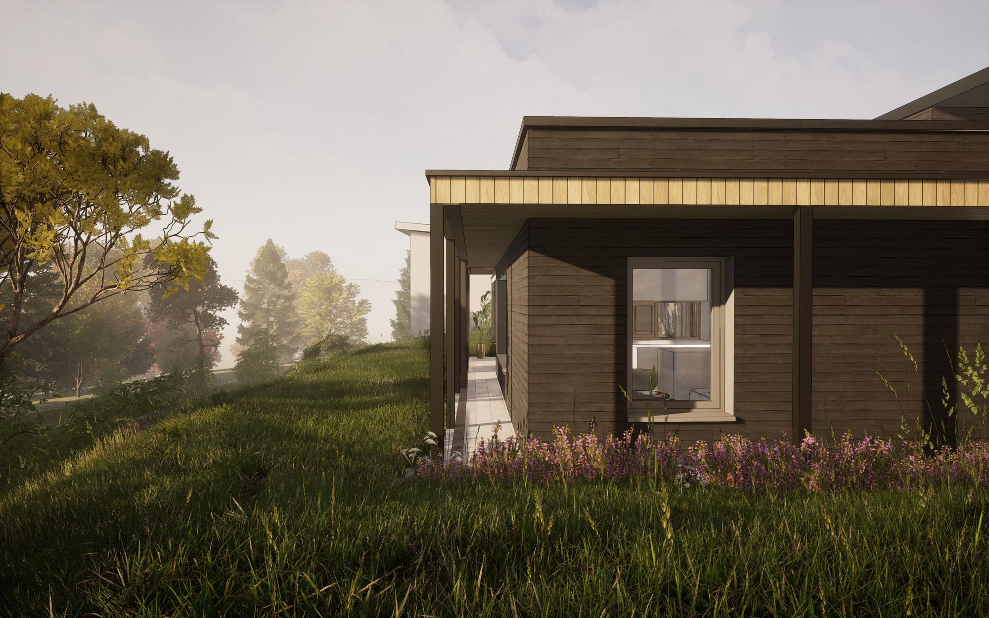 Earth-sheltered house in Čadca: dark timber wall by a wildflower meadow, covered walkway leads to a paved path.