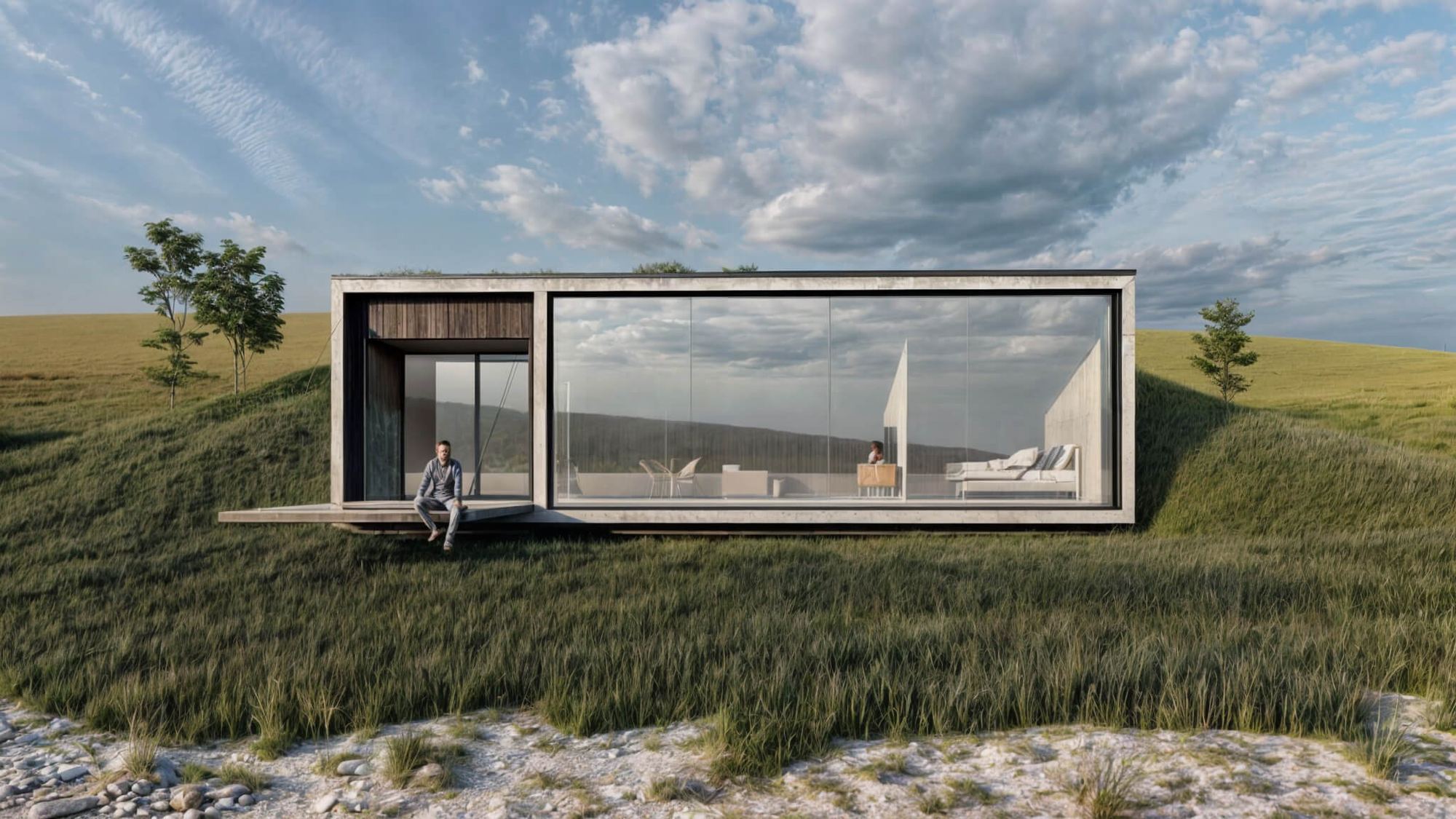Earth-sheltered house in Bytča under a grassy roof, glazed front open to a terrace with dining table and two people.