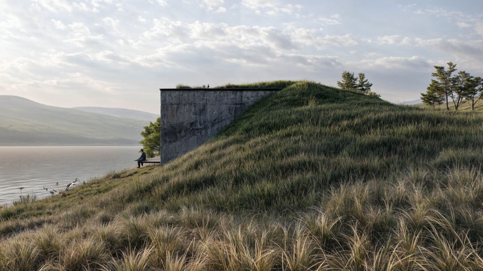 Earth-sheltered house in Bytca with grassy roof over a lake, concrete end wall exposed, deck below and figure on roof.