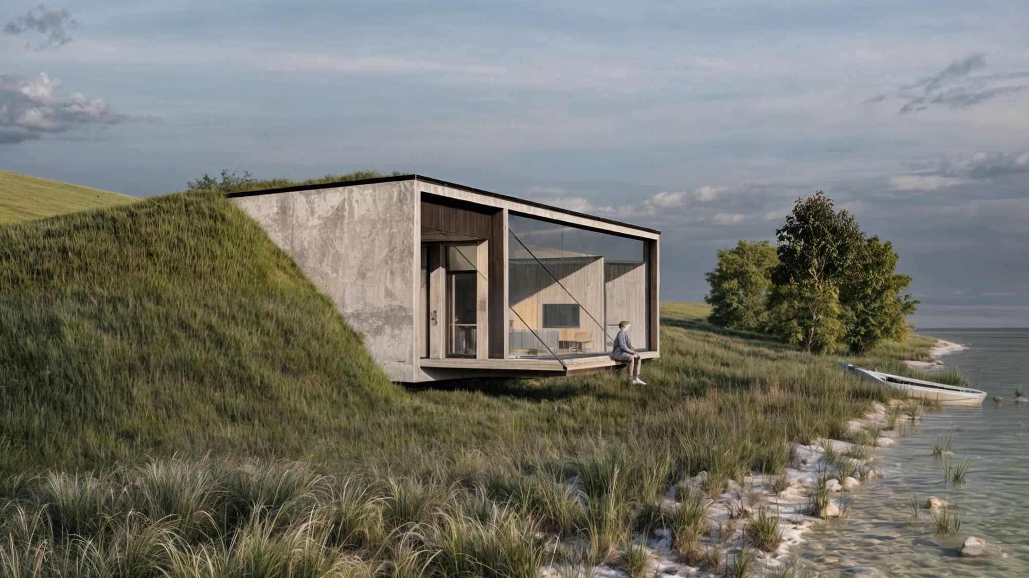 Earth-sheltered house in Bytca with grass-covered roof by a lake, glazed side and person on deck, small boat on shore.