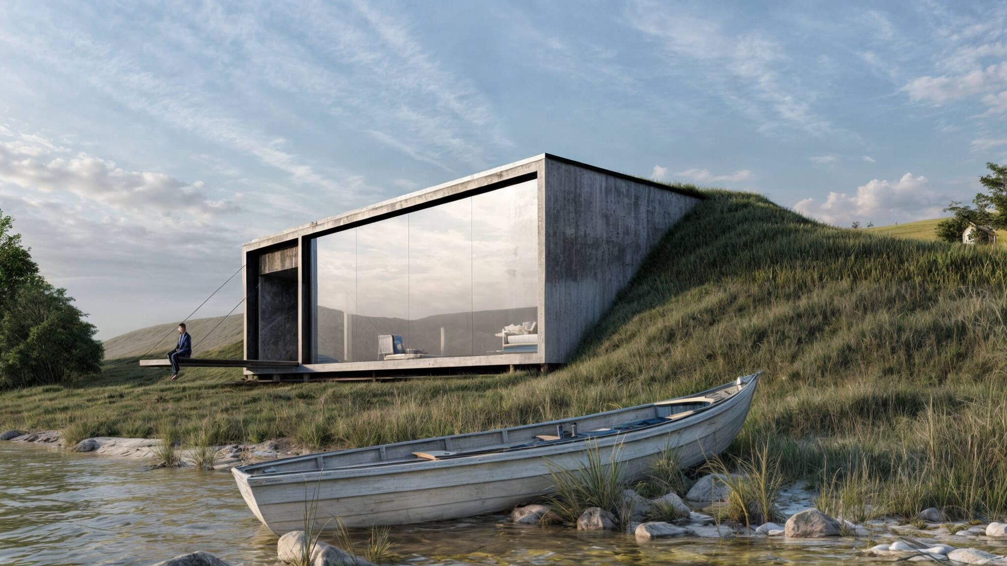 Earth-sheltered house in Bytča set into a grassy mound, glass front, concrete beam over slope with person fishing, rowboat by the lake.
