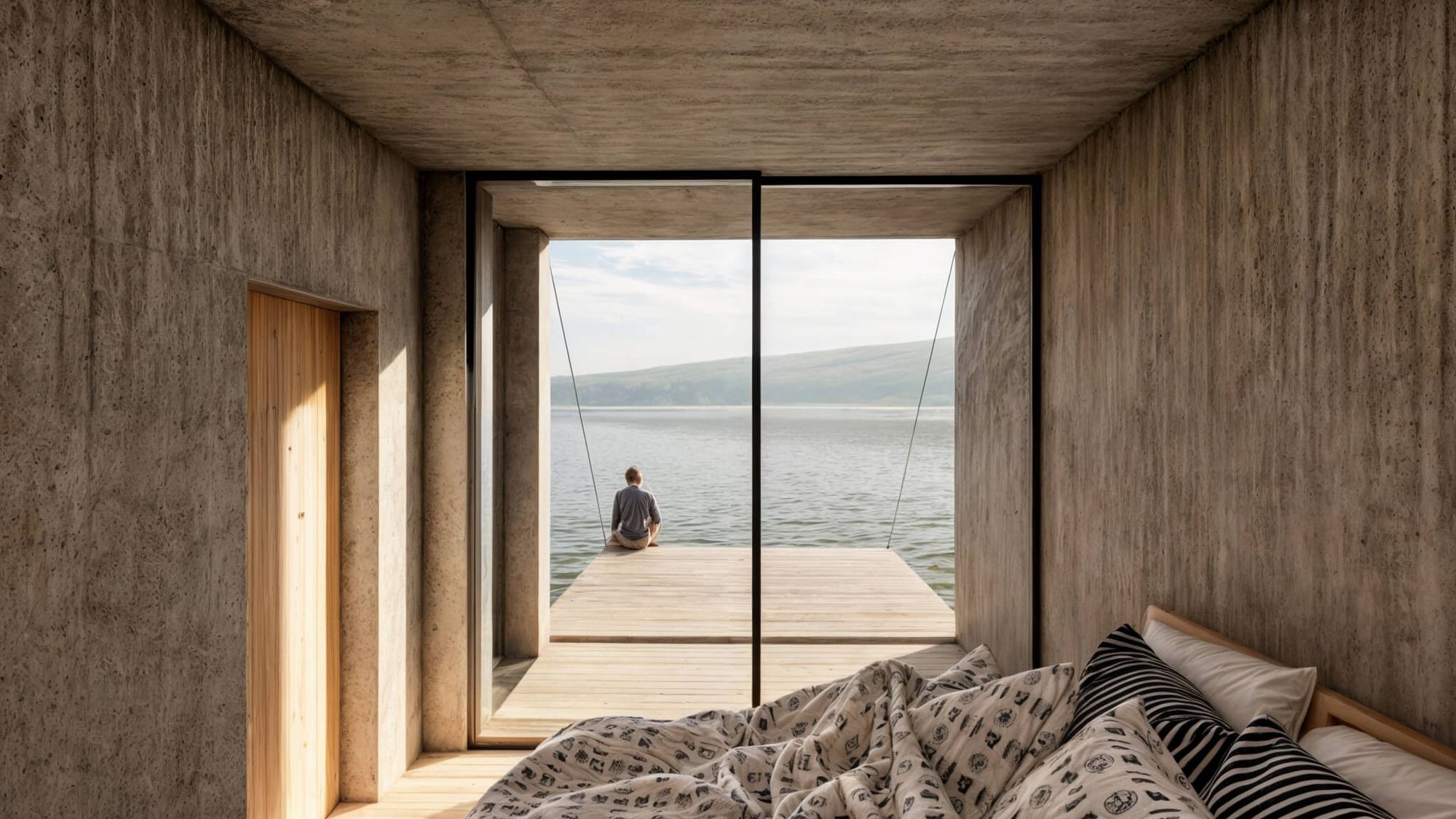 Bedroom of the earth-sheltered house in Bytca, concrete walls and ceiling, glazed end wall opens to a deck over the lake.