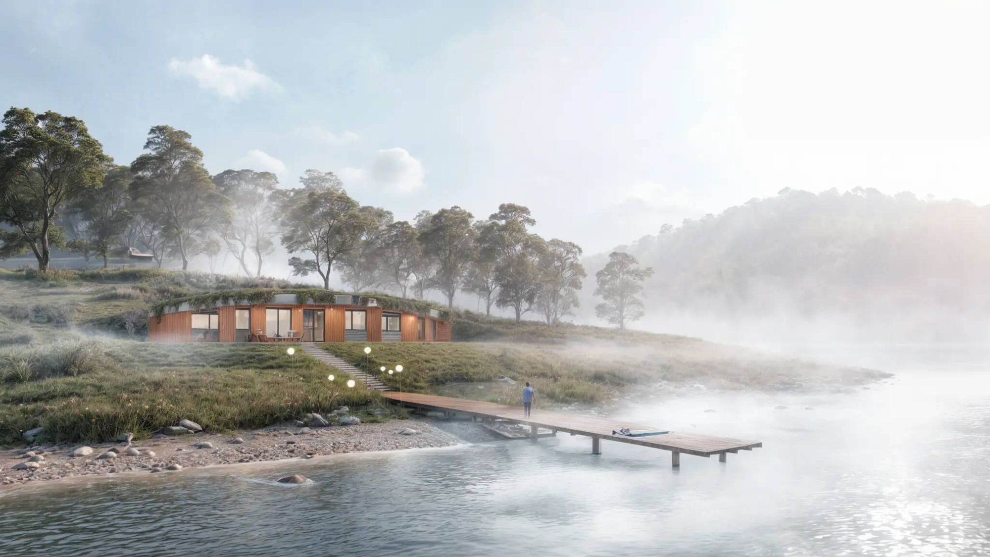 Casa interrata Bublina vicino all'acqua, una passerella in legno con lampade porta a un molo dove sosta una persona con paddleboard