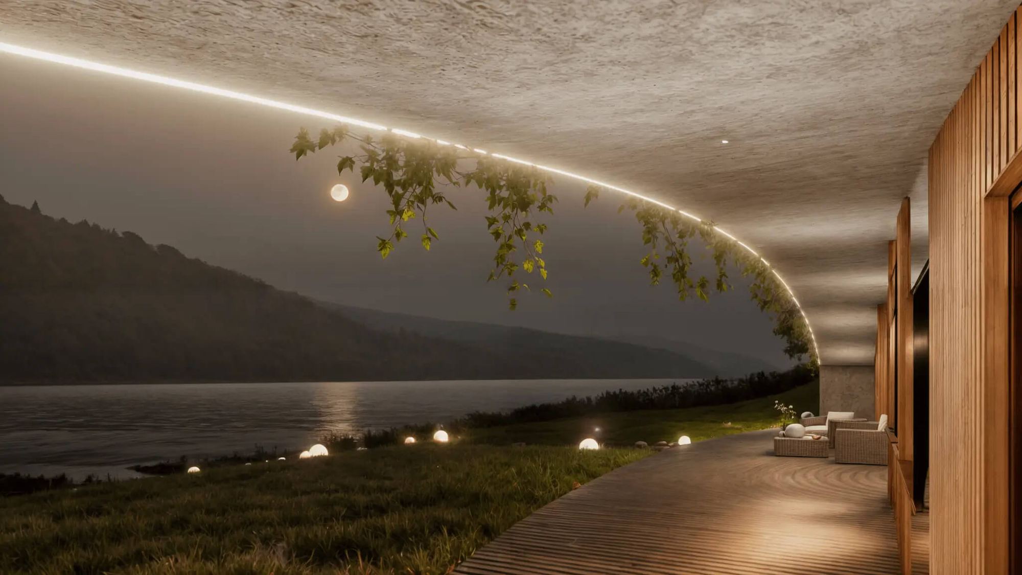 Vista notturna della casa interrata Bublina, striscia LED sotto il bordo curvo del tetto in cemento sopra il lago