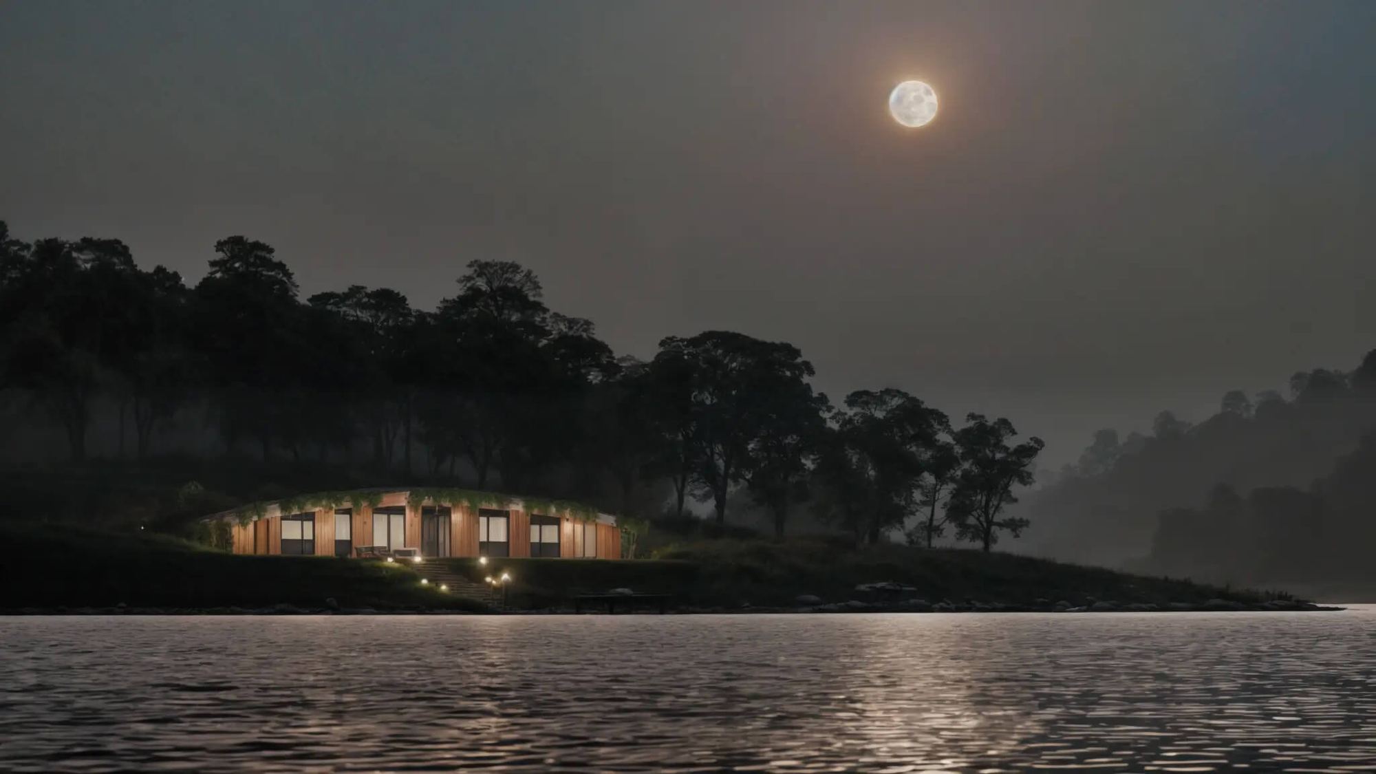 Casa interrata Bublina di notte sul lago, tetto erboso che si fonde col pendio, facciata in legno vetrata illuminata sotto la luna piena