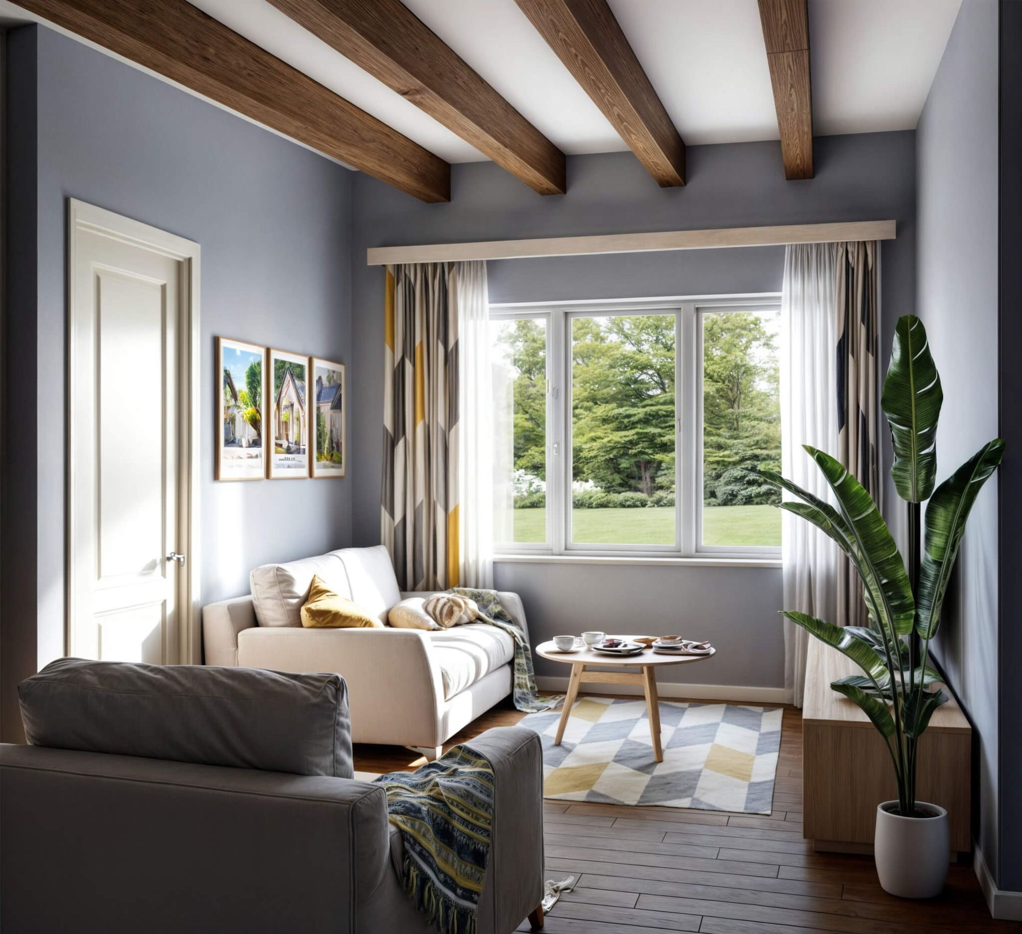 Living room of the Borcice earth-sheltered house, sofa and armchair by a window onto a lawn
