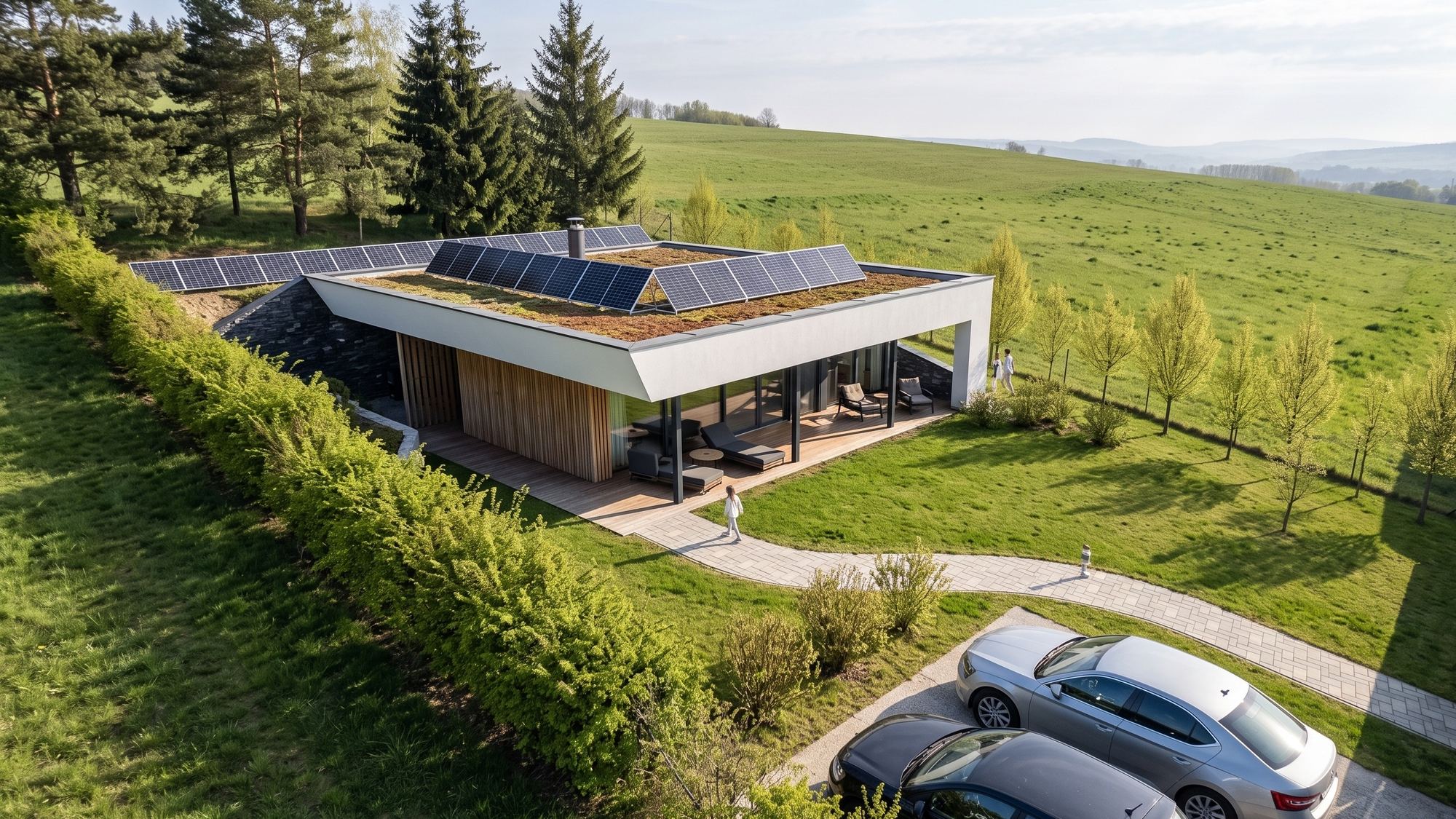 Letecký pohled na podzemní dům v Částkovcích, zelená střecha se solárními panely, prosklená fasáda, terasa a parkoviště.