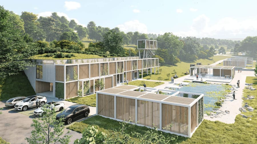 Rendering della casa interrata adibita a uffici a Zlín, incassata nel pendio, tetto verde, facciata vetrata e laghetto.