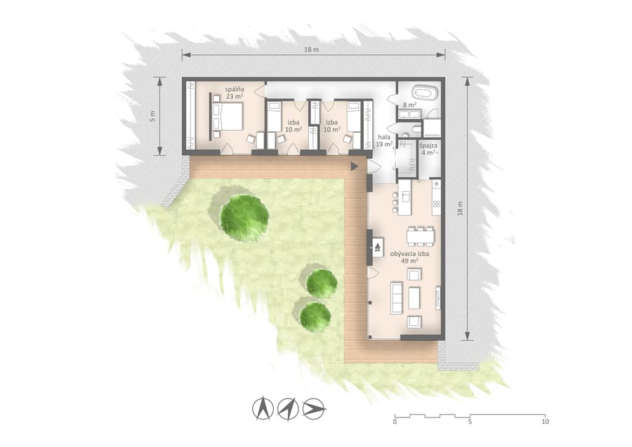 Planimetria a L della casa interrata Zaborske, con camera, soggiorno di 49 m² e terrazza in legno.
