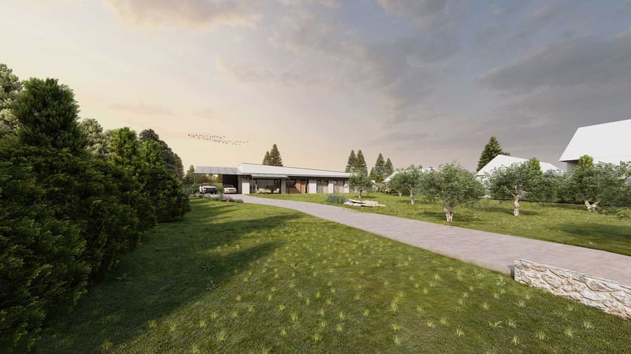 Rendering della casa interrata Tábor con pannelli solari sul tetto e tettoia auto, vista dal vialetto sul prato.