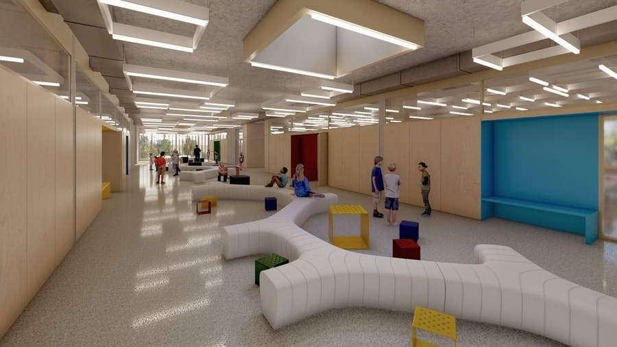Rendering di un corridoio scolastico con pavimento in terrazzo, soffitto in cemento, panca scultorea bianca e cubi colorati
