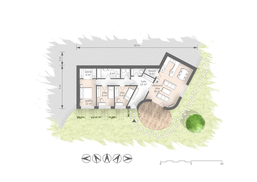 Pianta della casa interrata Lubina con camera, due stanze, bagno, ingresso, dispensa e soggiorno di 36 m², terreno in pendenza tratteggiato attorno.