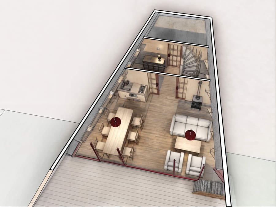Disegno in sezione della casa interrata Chalet con soggiorno open space, cucina e scala a chiocciola al piano superiore