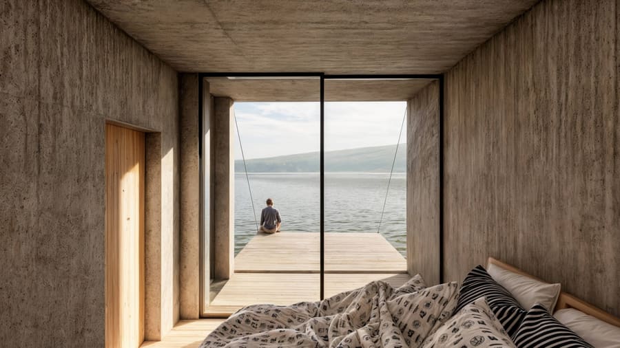 Camera da letto della casa interrata di Bytca, pareti e soffitto in cemento, parete vetrata verso la terrazza sul lago.